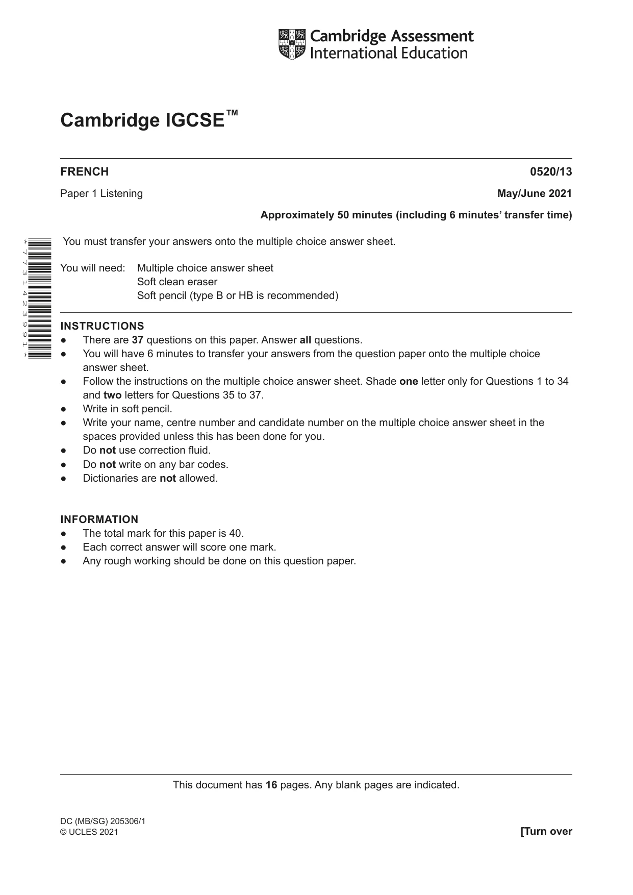 Cambridge IGCSE French - Foreign Language 0520 2021 May/June Paper 1 · Variant 3 question paper, page 1 of 16