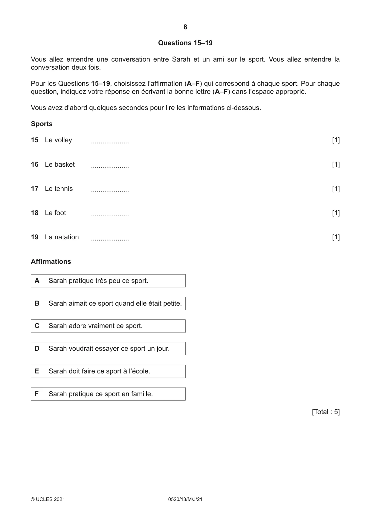 Cambridge IGCSE French - Foreign Language 0520 2021 May/June Paper 1 · Variant 3 question paper, page 8 of 16