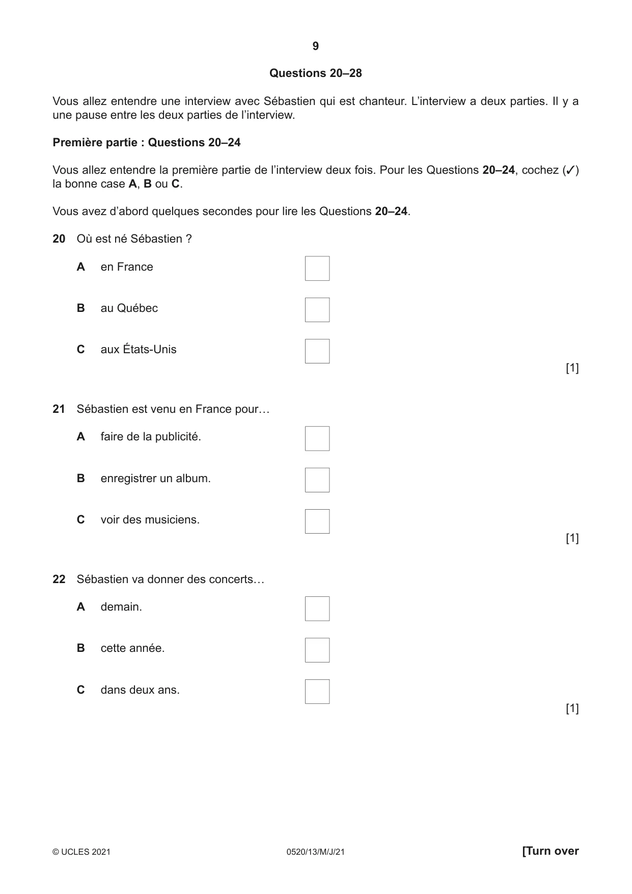 Cambridge IGCSE French - Foreign Language 0520 2021 May/June Paper 1 · Variant 3 question paper, page 9 of 16