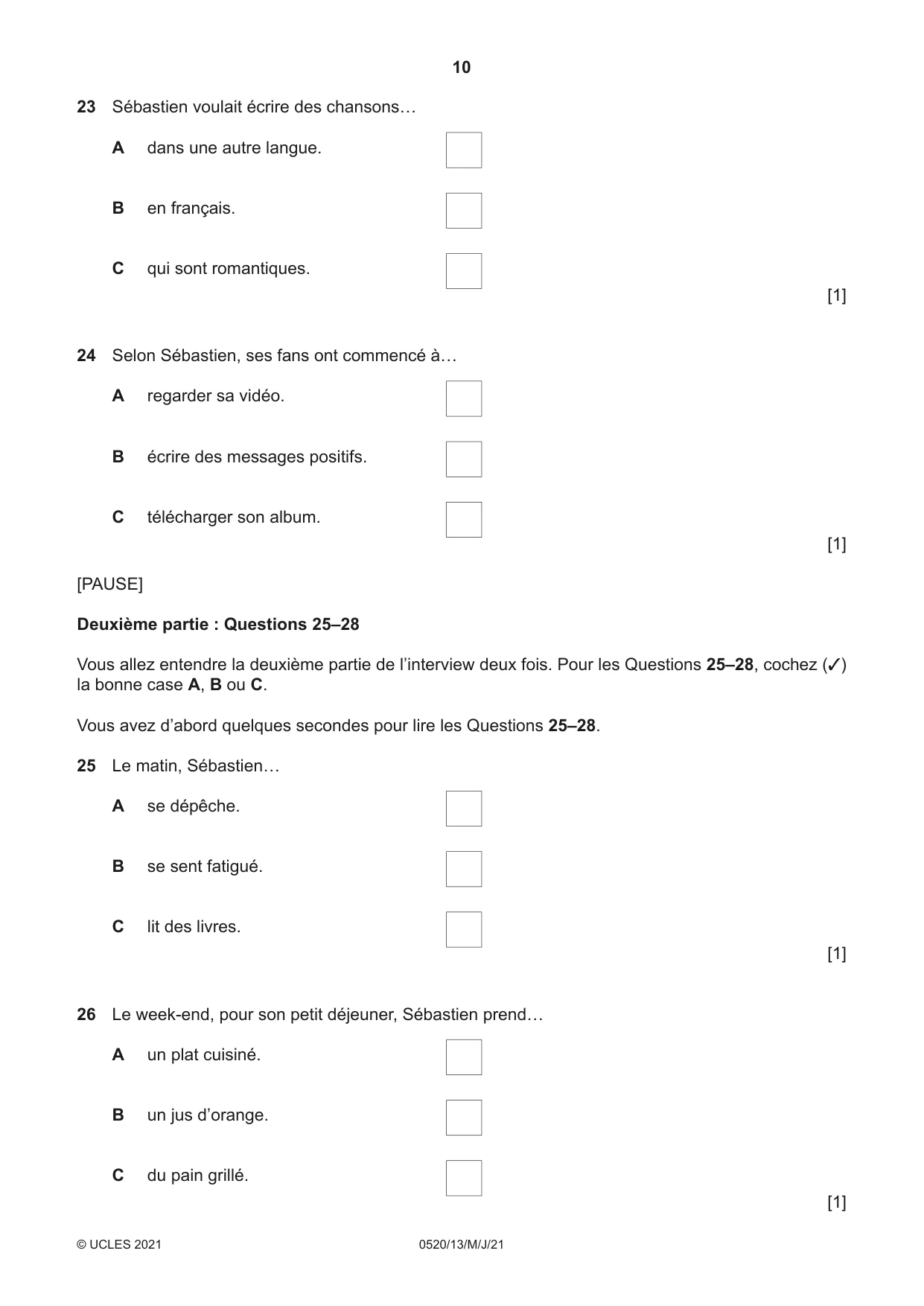 Cambridge IGCSE French - Foreign Language 0520 2021 May/June Paper 1 · Variant 3 question paper, page 10 of 16