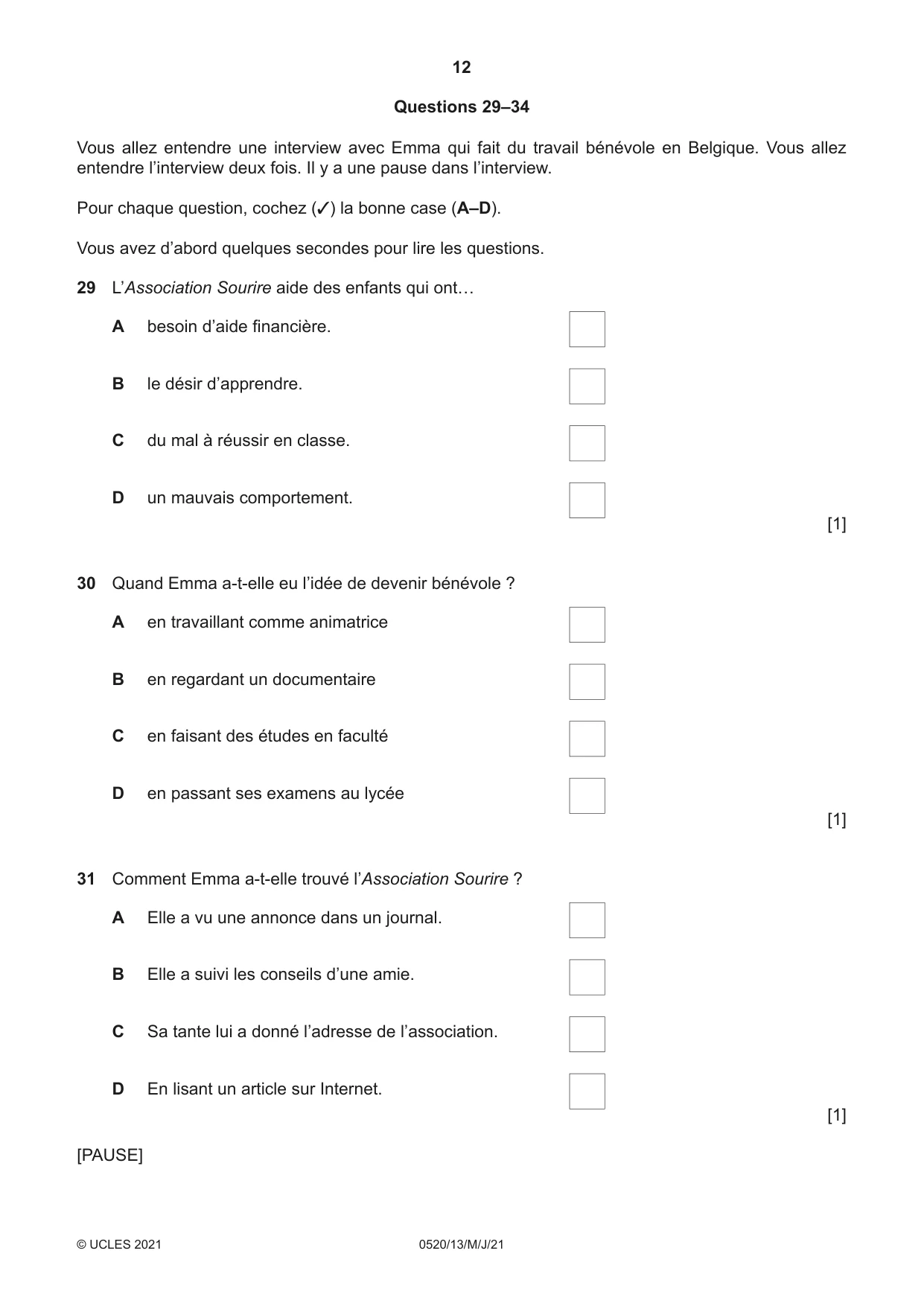 Cambridge IGCSE French - Foreign Language 0520 2021 May/June Paper 1 · Variant 3 question paper, page 12 of 16