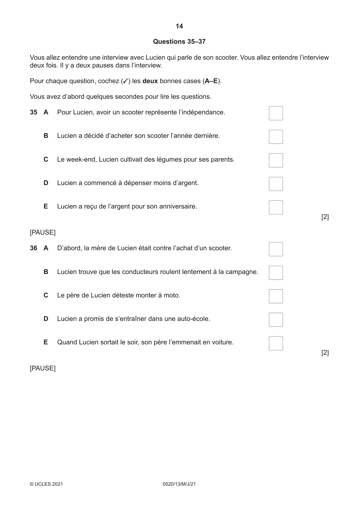 Cambridge IGCSE French - Foreign Language 0520 2021 May/June Paper 1 · Variant 3 question paper, page 14 of 16