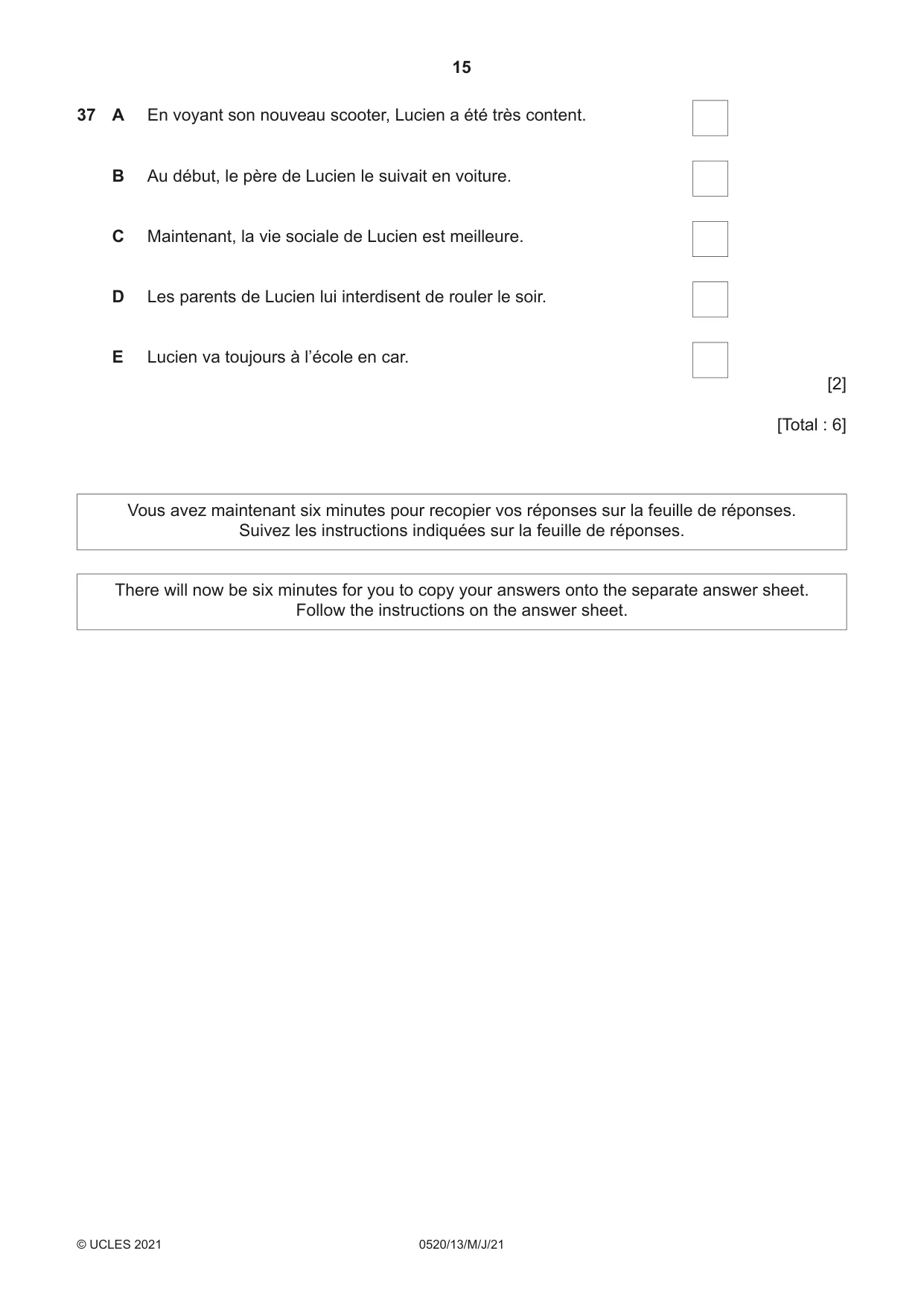 Cambridge IGCSE French - Foreign Language 0520 2021 May/June Paper 1 · Variant 3 question paper, page 15 of 16