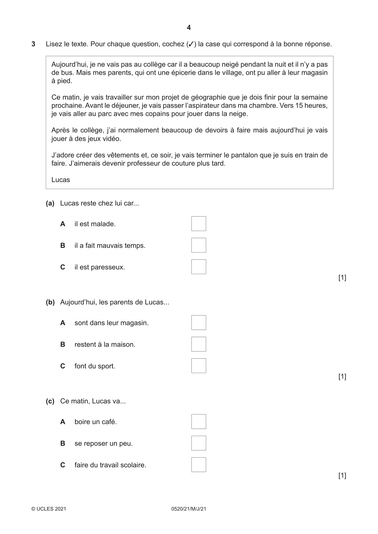 Cambridge IGCSE French - Foreign Language 0520 2021 May/June Paper 2 · Variant 1 question paper, page 4 of 12