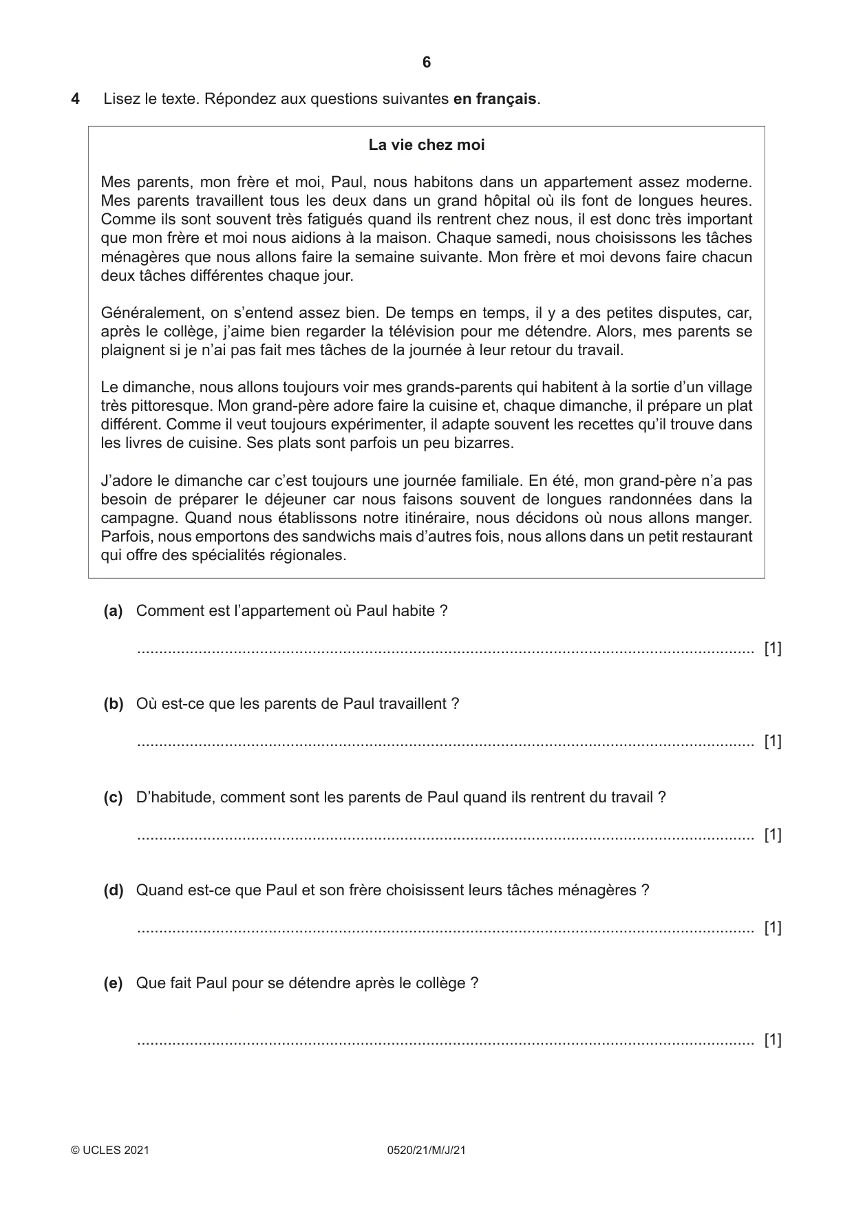 Cambridge IGCSE French - Foreign Language 0520 2021 May/June Paper 2 · Variant 1 question paper, page 6 of 12