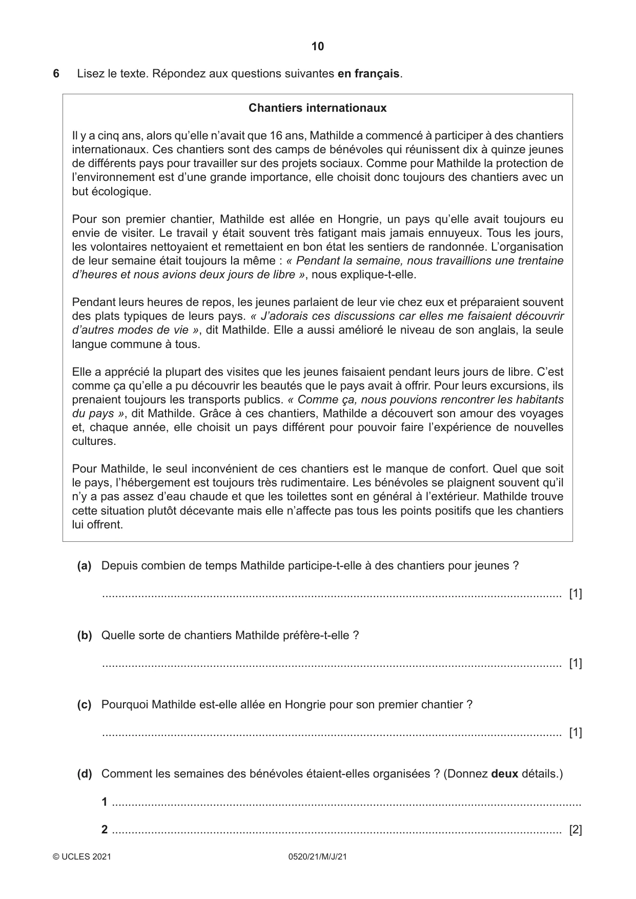 Cambridge IGCSE French - Foreign Language 0520 2021 May/June Paper 2 · Variant 1 question paper, page 10 of 12