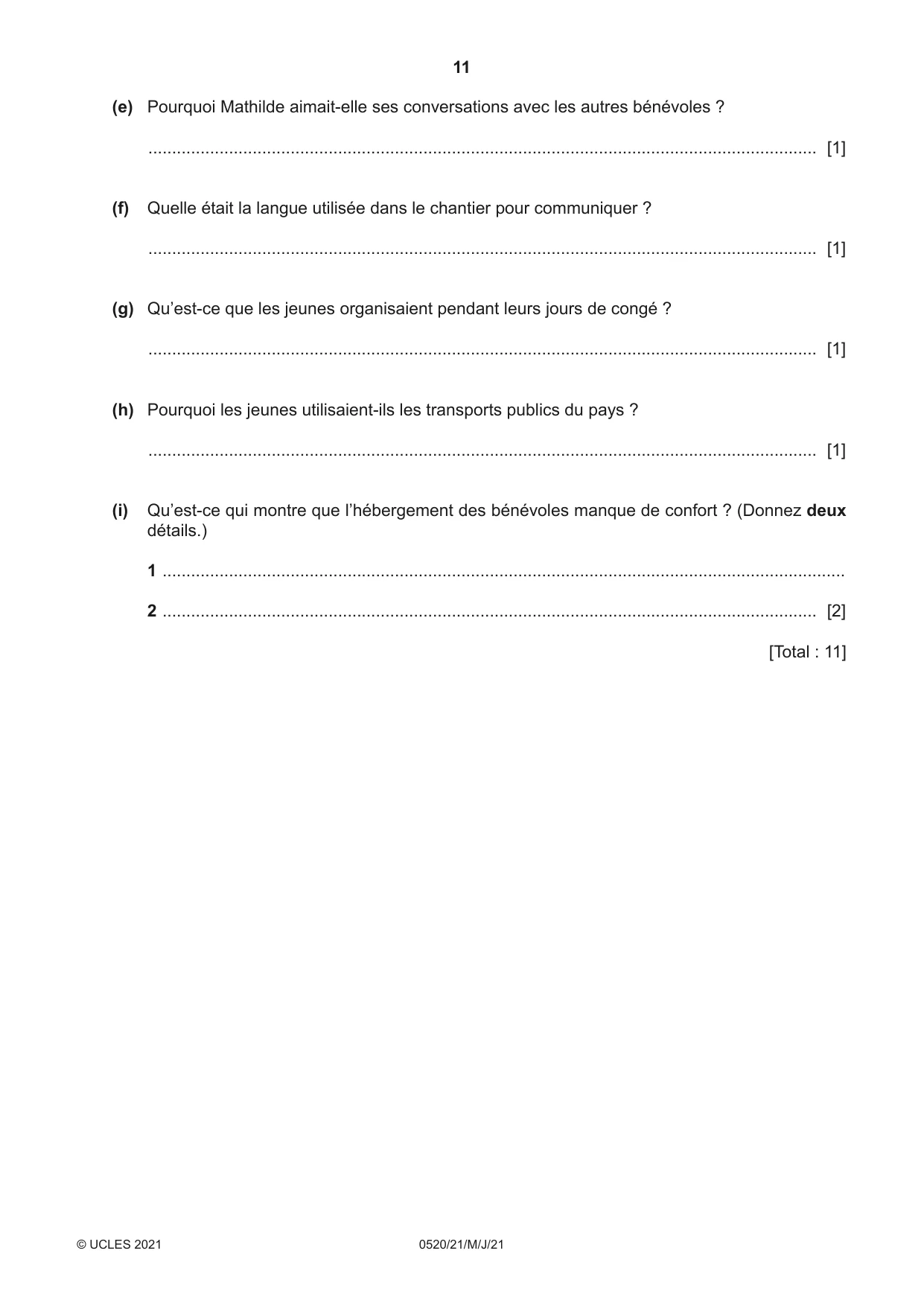 Cambridge IGCSE French - Foreign Language 0520 2021 May/June Paper 2 · Variant 1 question paper, page 11 of 12
