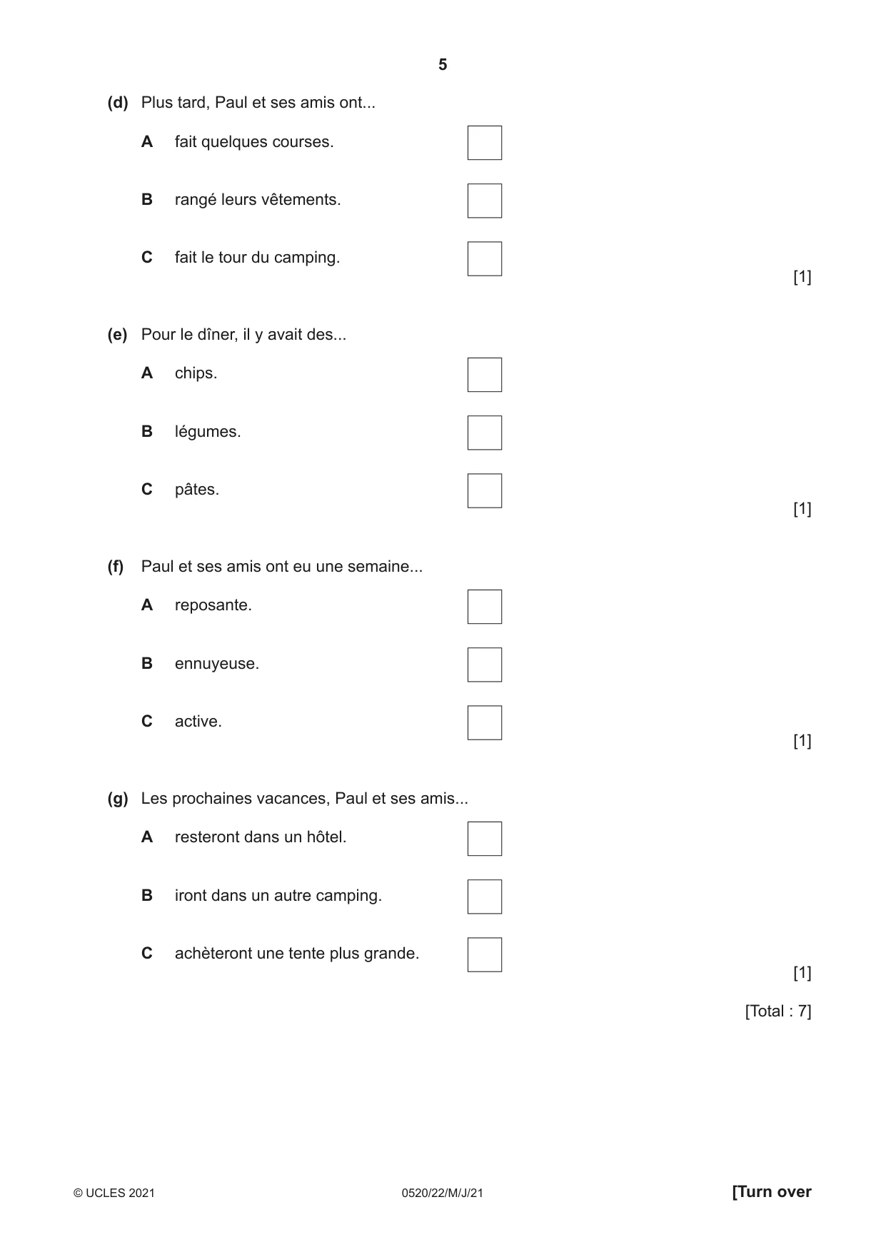 Cambridge IGCSE French - Foreign Language 0520 2021 May/June Paper 2 · Variant 2 question paper, page 5 of 12