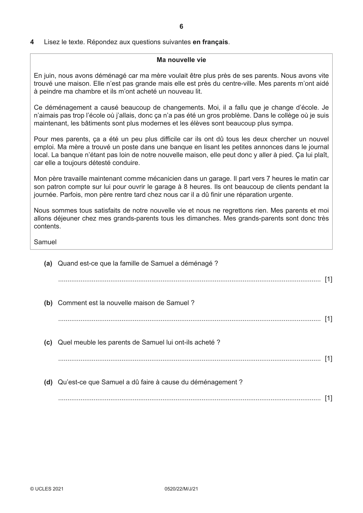 Cambridge IGCSE French - Foreign Language 0520 2021 May/June Paper 2 · Variant 2 question paper, page 6 of 12