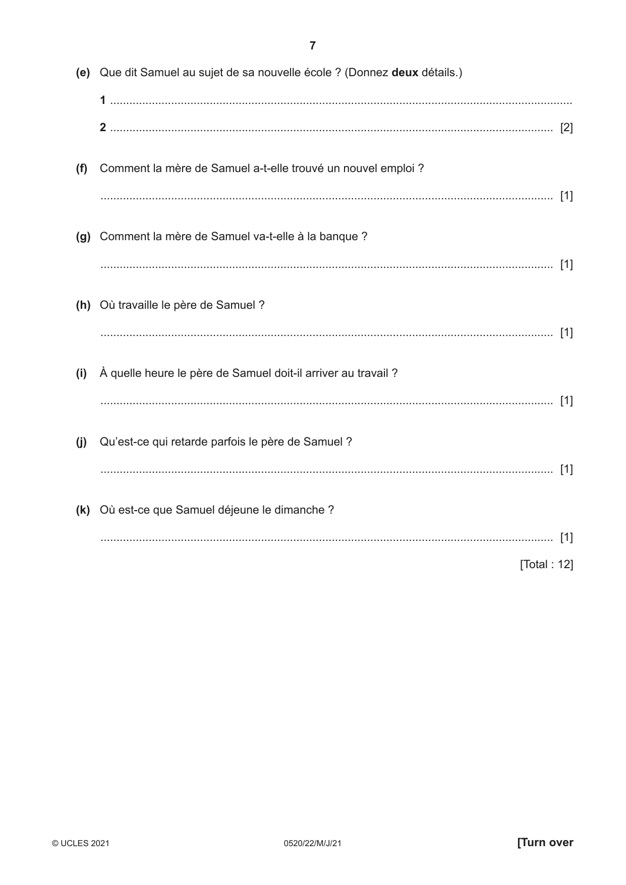 Cambridge IGCSE French - Foreign Language 0520 2021 May/June Paper 2 · Variant 2 question paper, page 7 of 12