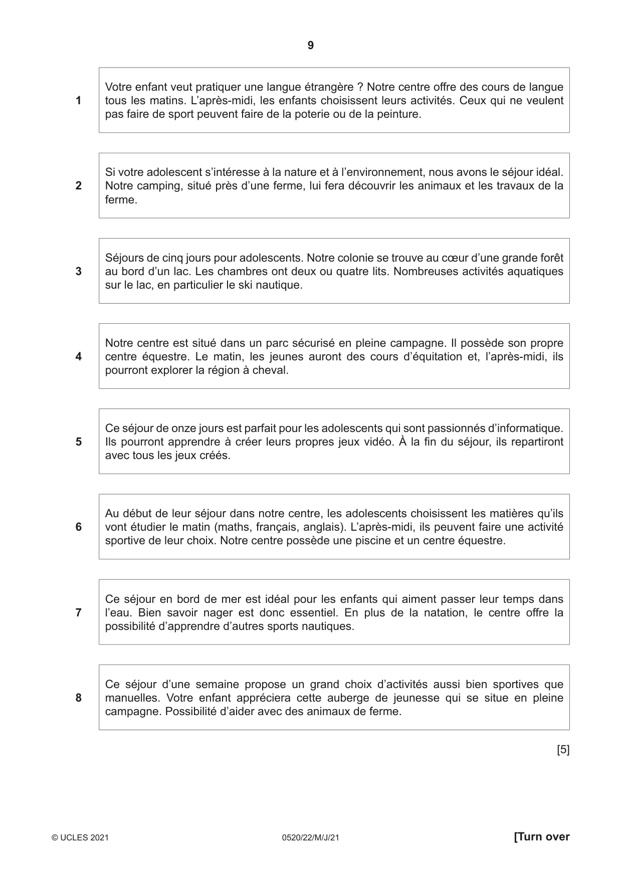 Cambridge IGCSE French - Foreign Language 0520 2021 May/June Paper 2 · Variant 2 question paper, page 9 of 12