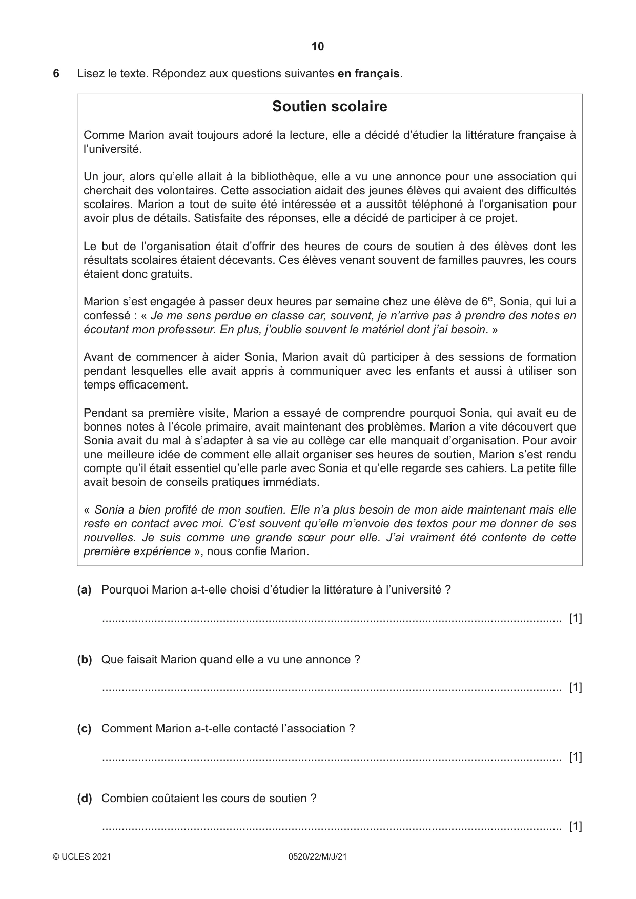 Cambridge IGCSE French - Foreign Language 0520 2021 May/June Paper 2 · Variant 2 question paper, page 10 of 12