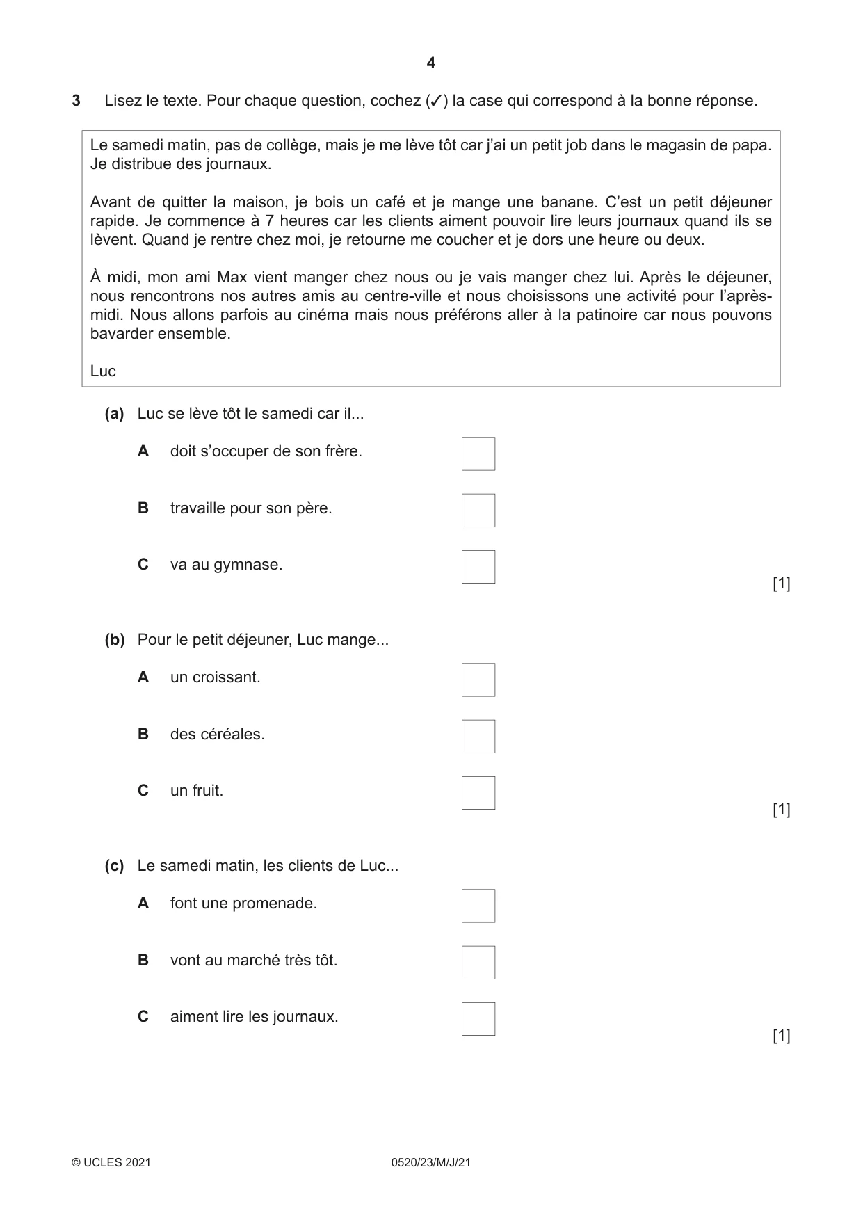Cambridge IGCSE French - Foreign Language 0520 2021 May/June Paper 2 · Variant 3 question paper, page 4 of 12