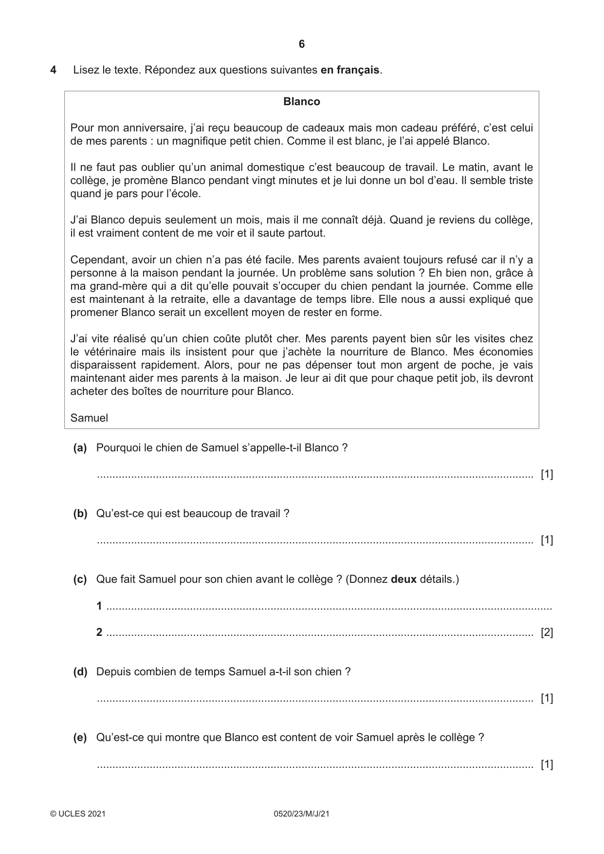 Cambridge IGCSE French - Foreign Language 0520 2021 May/June Paper 2 · Variant 3 question paper, page 6 of 12