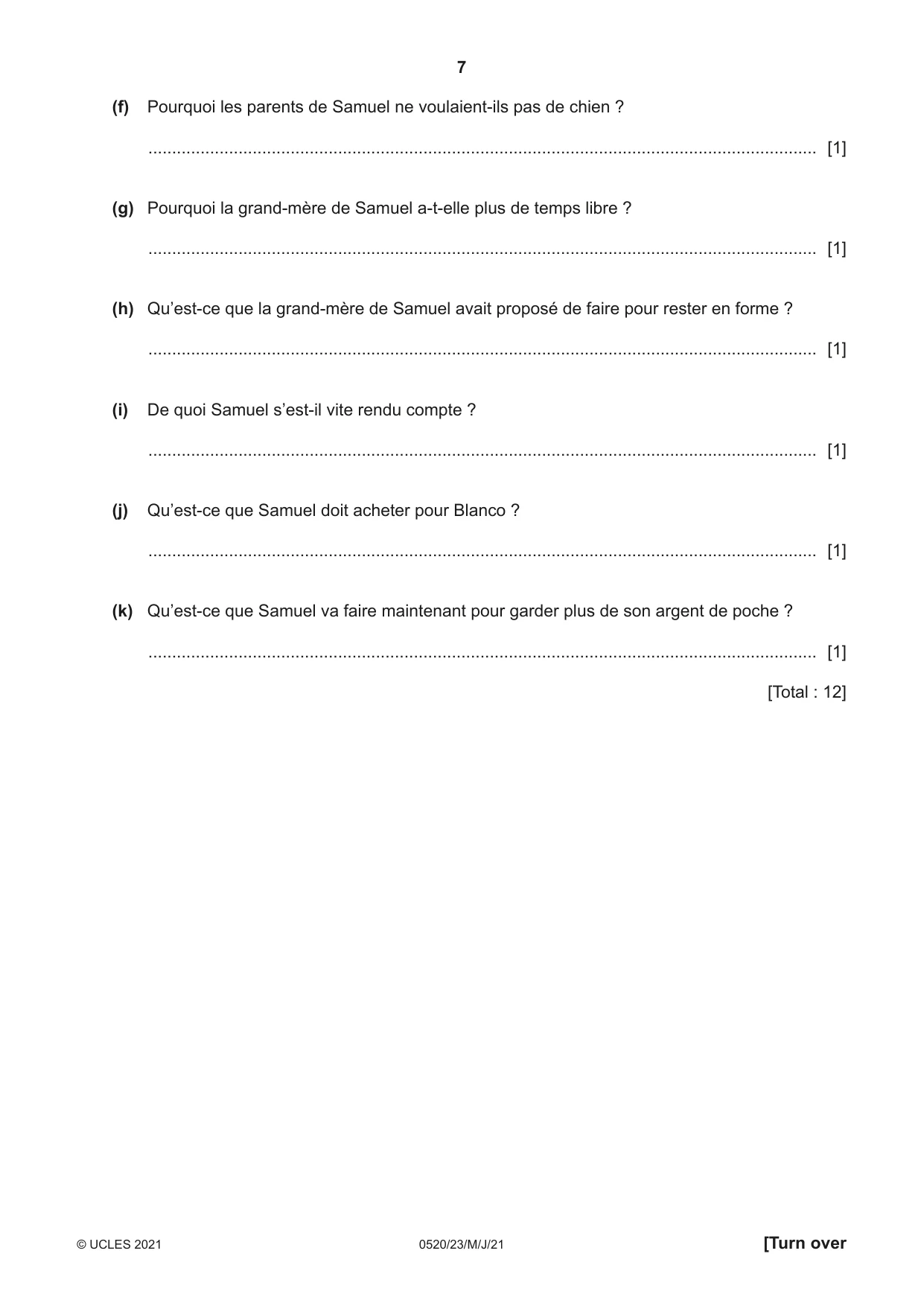 Cambridge IGCSE French - Foreign Language 0520 2021 May/June Paper 2 · Variant 3 question paper, page 7 of 12
