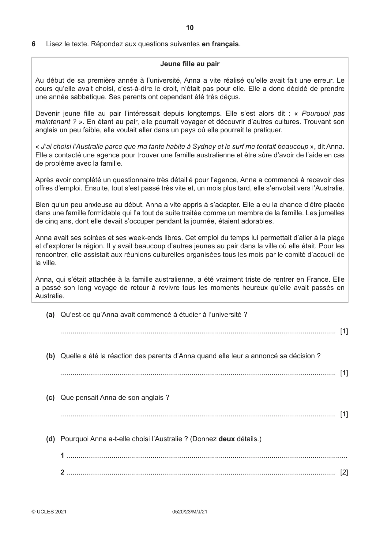 Cambridge IGCSE French - Foreign Language 0520 2021 May/June Paper 2 · Variant 3 question paper, page 10 of 12
