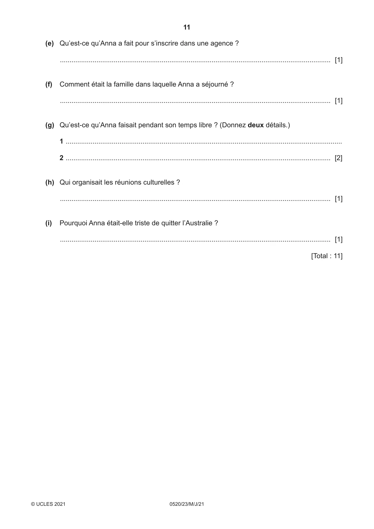 Cambridge IGCSE French - Foreign Language 0520 2021 May/June Paper 2 · Variant 3 question paper, page 11 of 12