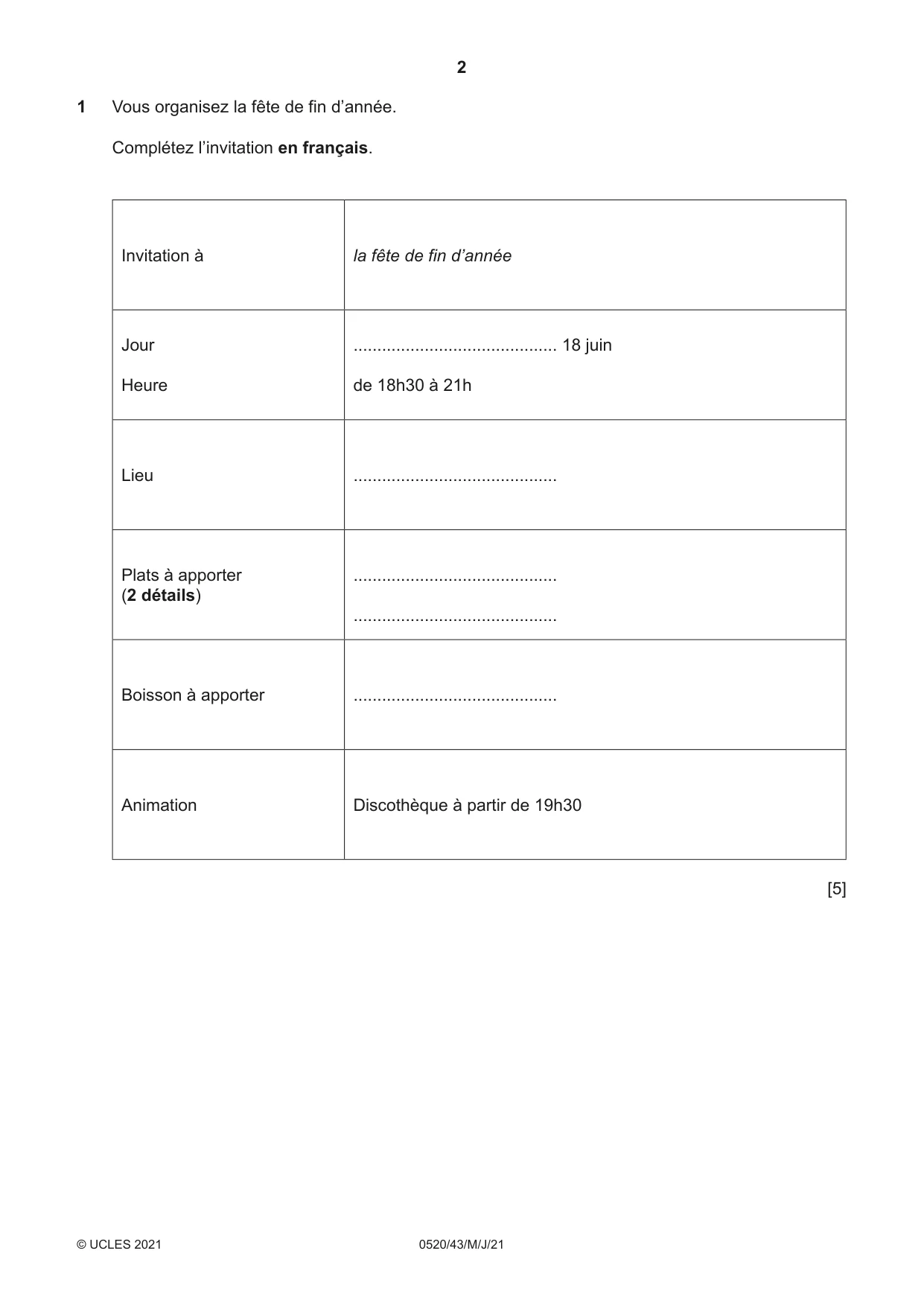 Cambridge IGCSE French - Foreign Language 0520 2021 May/June Paper 4 · Variant 3 question paper, page 2 of 8