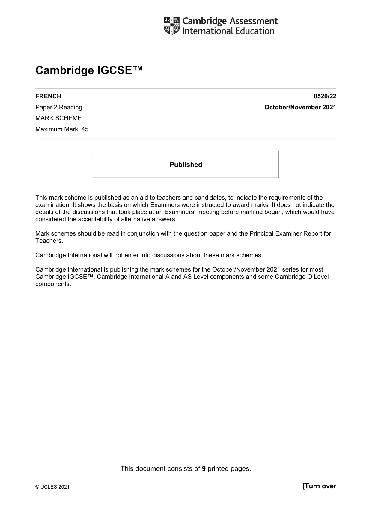 Mark scheme, page 1 of 9
