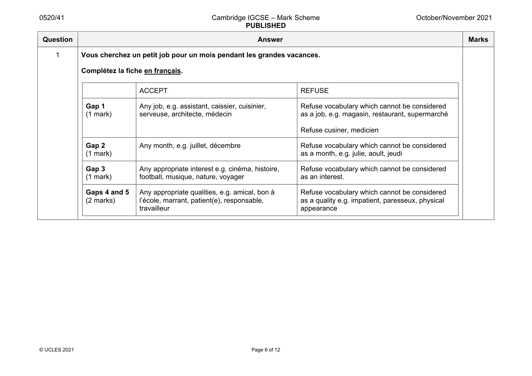 Mark scheme, page 6 of 12
