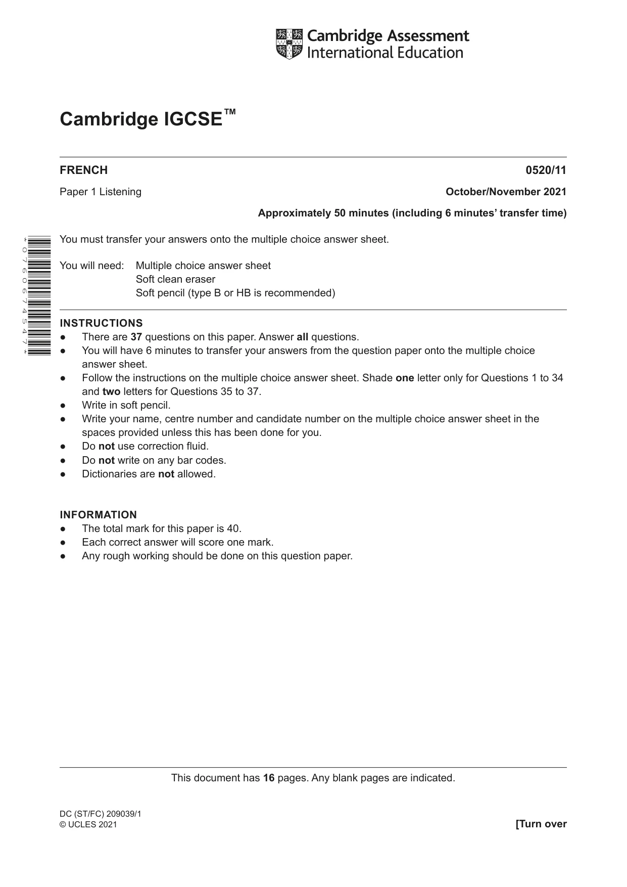 Cambridge IGCSE French - Foreign Language 0520 2021 Oct/Nov Paper 1 · Variant 1 question paper, page 1 of 16