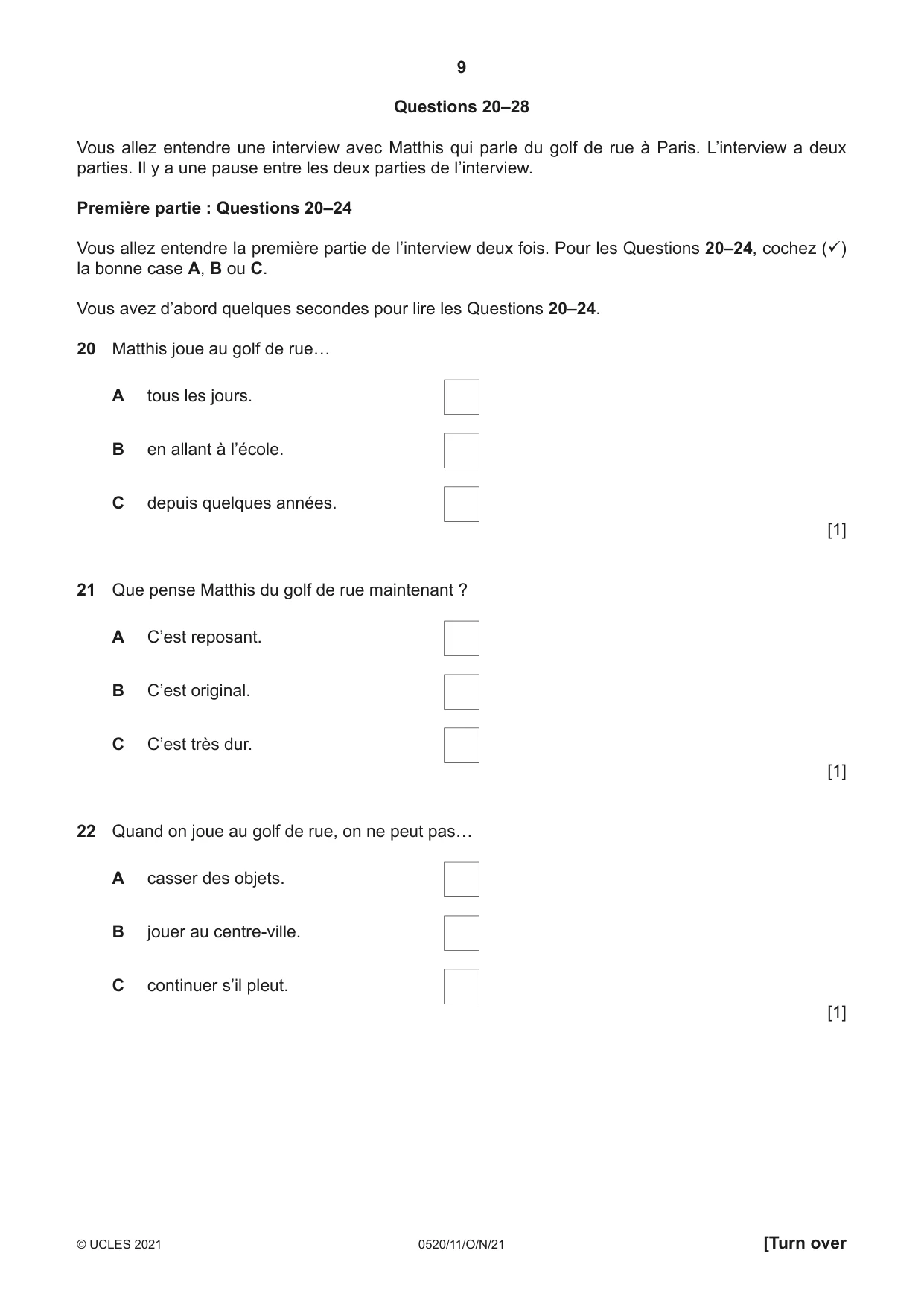 Cambridge IGCSE French - Foreign Language 0520 2021 Oct/Nov Paper 1 · Variant 1 question paper, page 9 of 16