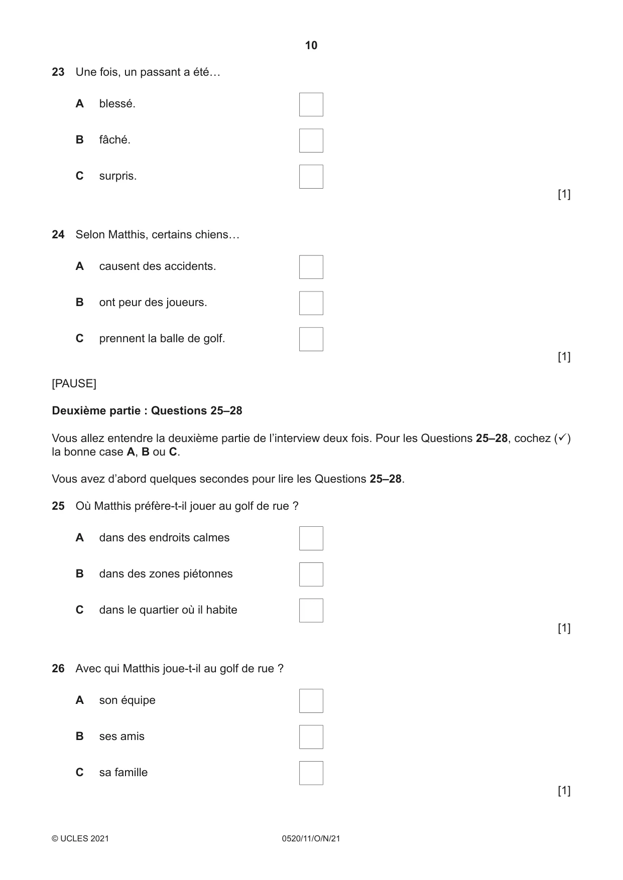 Cambridge IGCSE French - Foreign Language 0520 2021 Oct/Nov Paper 1 · Variant 1 question paper, page 10 of 16