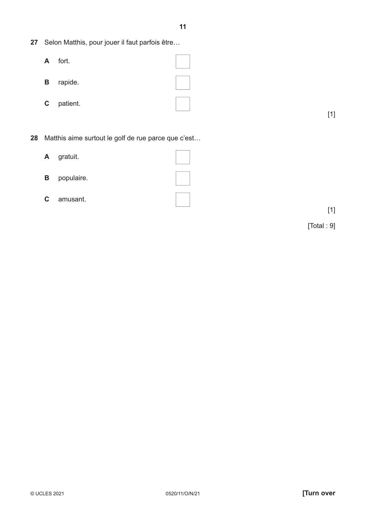 Cambridge IGCSE French - Foreign Language 0520 2021 Oct/Nov Paper 1 · Variant 1 question paper, page 11 of 16