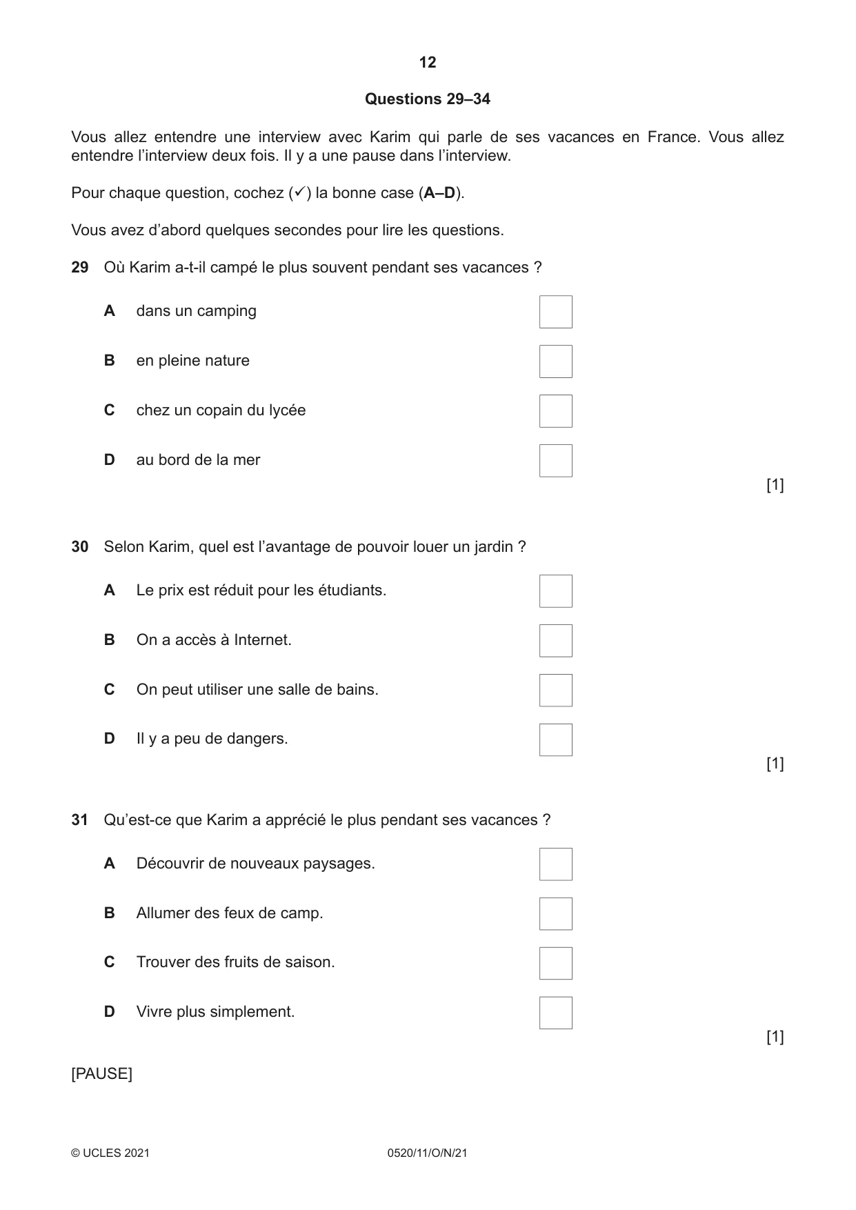 Cambridge IGCSE French - Foreign Language 0520 2021 Oct/Nov Paper 1 · Variant 1 question paper, page 12 of 16