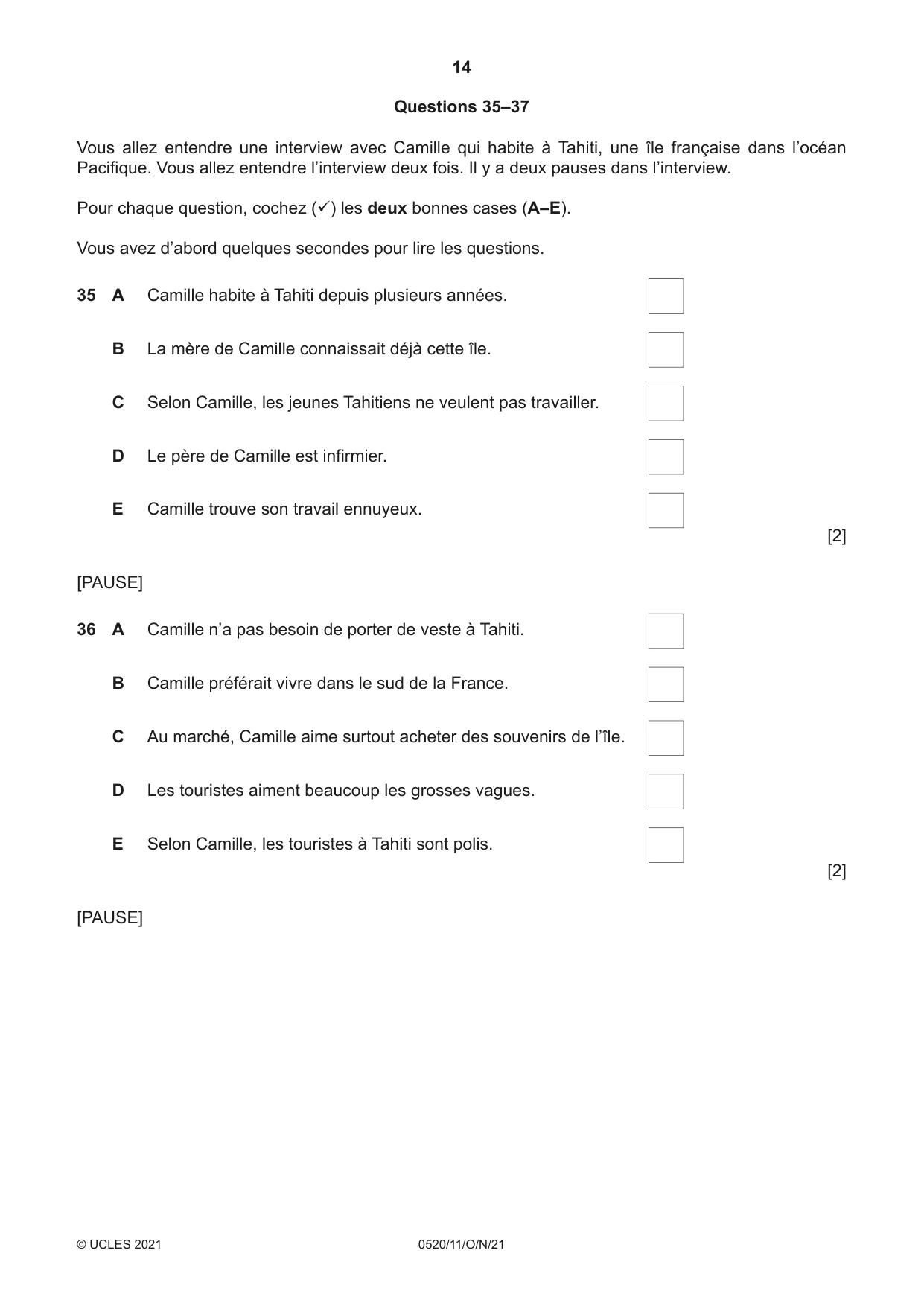 Cambridge IGCSE French - Foreign Language 0520 2021 Oct/Nov Paper 1 · Variant 1 question paper, page 14 of 16