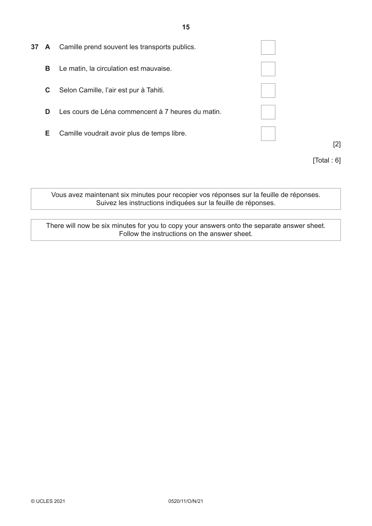 Cambridge IGCSE French - Foreign Language 0520 2021 Oct/Nov Paper 1 · Variant 1 question paper, page 15 of 16