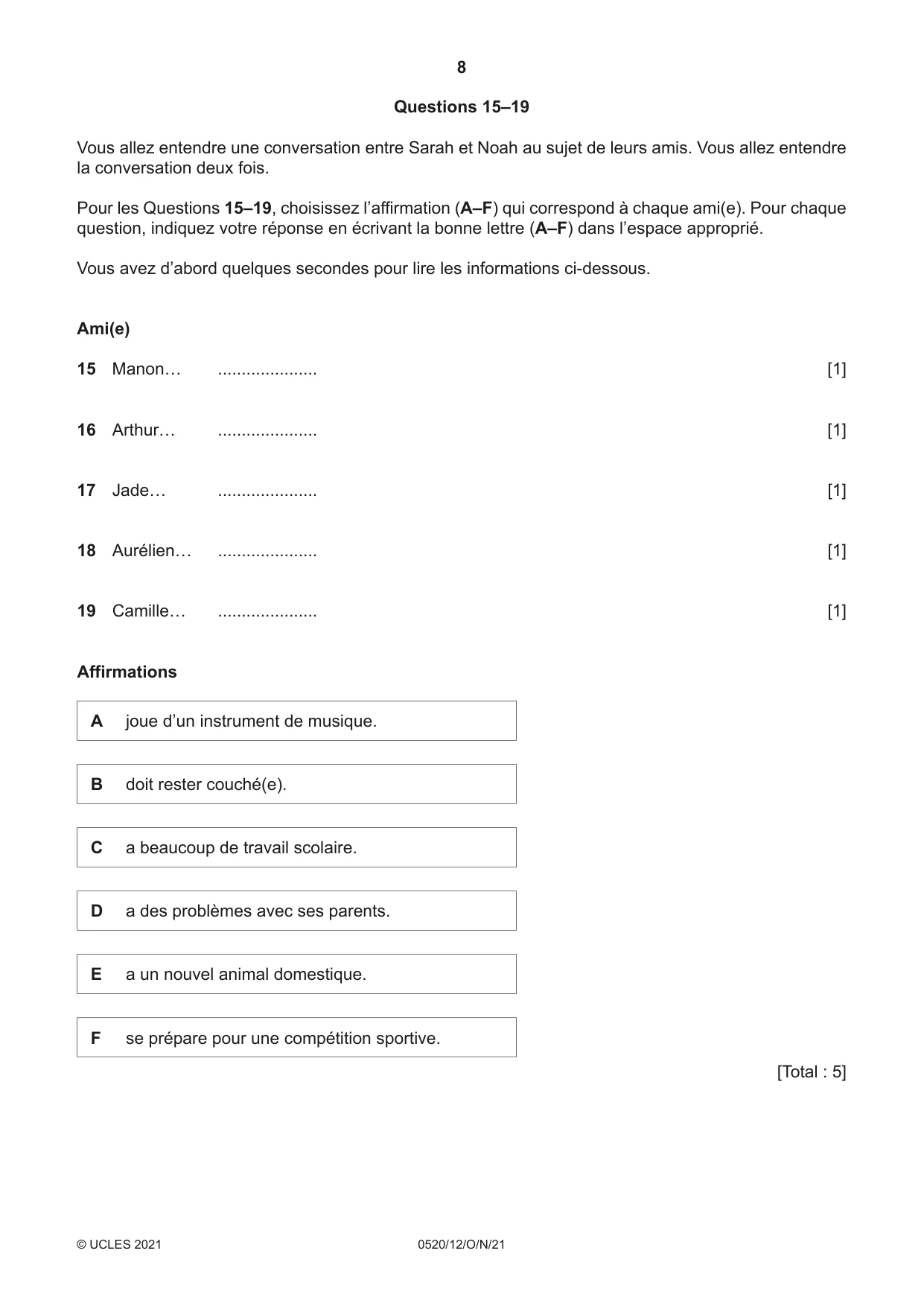 Cambridge IGCSE French - Foreign Language 0520 2021 Oct/Nov Paper 1 · Variant 2 question paper, page 8 of 16