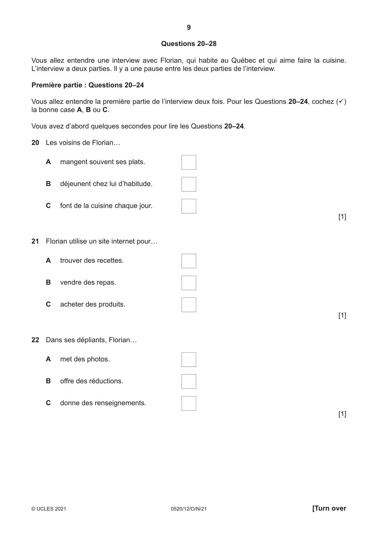 Cambridge IGCSE French - Foreign Language 0520 2021 Oct/Nov Paper 1 · Variant 2 question paper, page 9 of 16