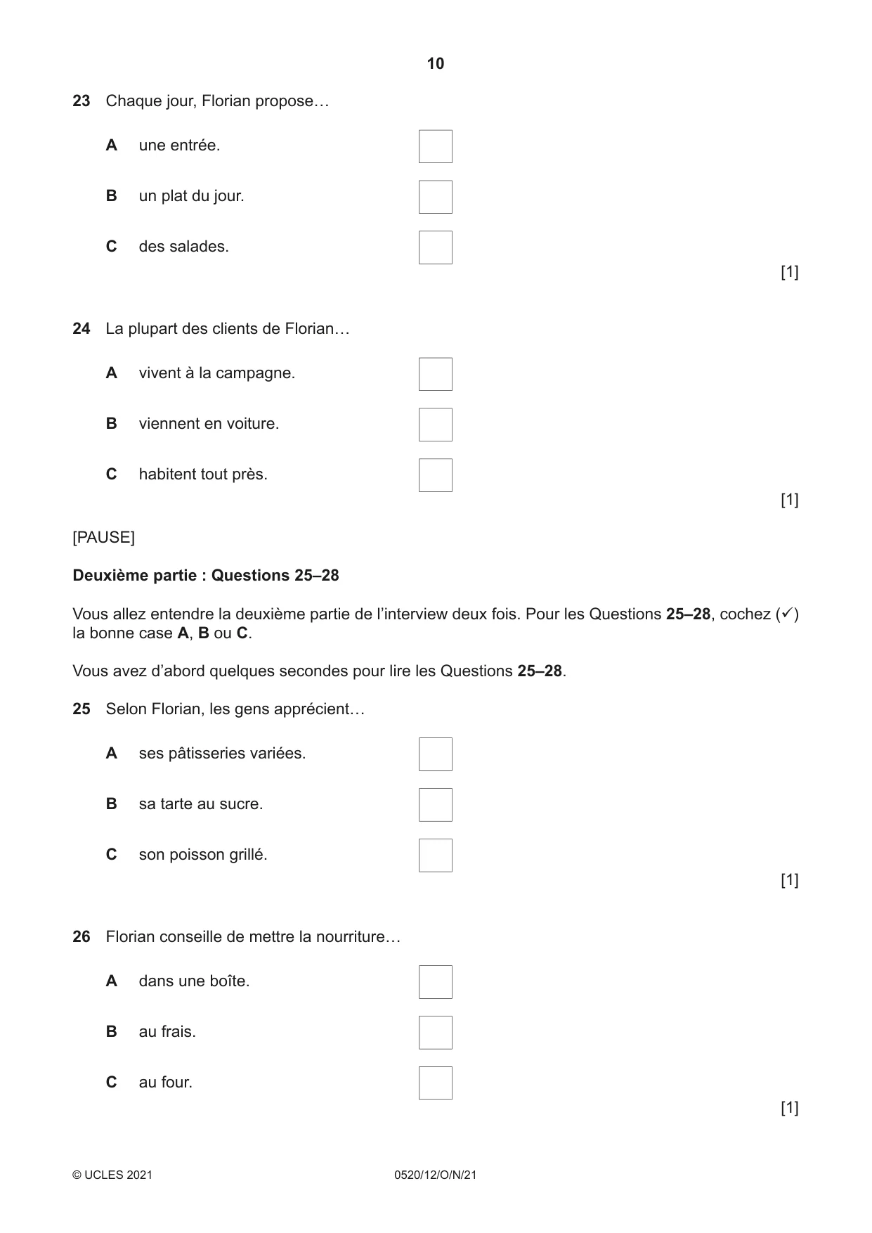 Cambridge IGCSE French - Foreign Language 0520 2021 Oct/Nov Paper 1 · Variant 2 question paper, page 10 of 16