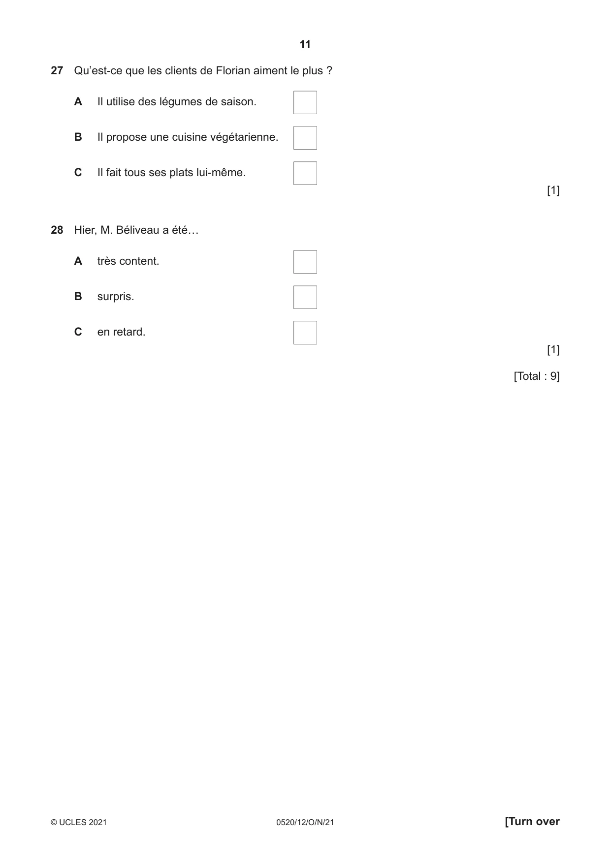 Cambridge IGCSE French - Foreign Language 0520 2021 Oct/Nov Paper 1 · Variant 2 question paper, page 11 of 16