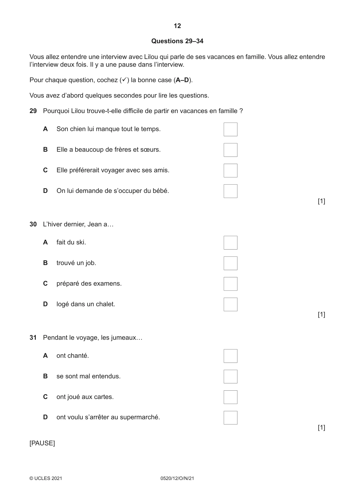 Cambridge IGCSE French - Foreign Language 0520 2021 Oct/Nov Paper 1 · Variant 2 question paper, page 12 of 16