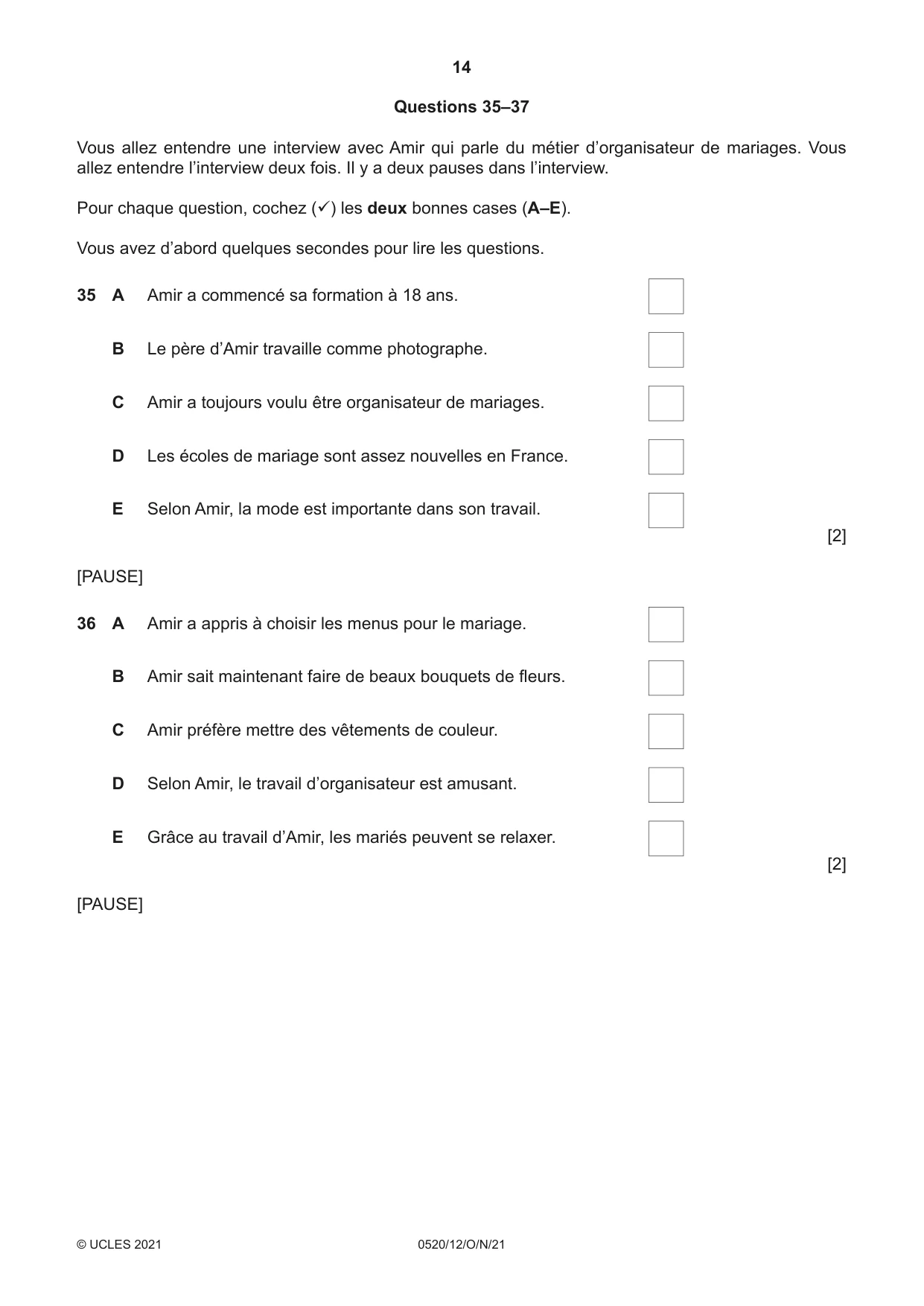 Cambridge IGCSE French - Foreign Language 0520 2021 Oct/Nov Paper 1 · Variant 2 question paper, page 14 of 16