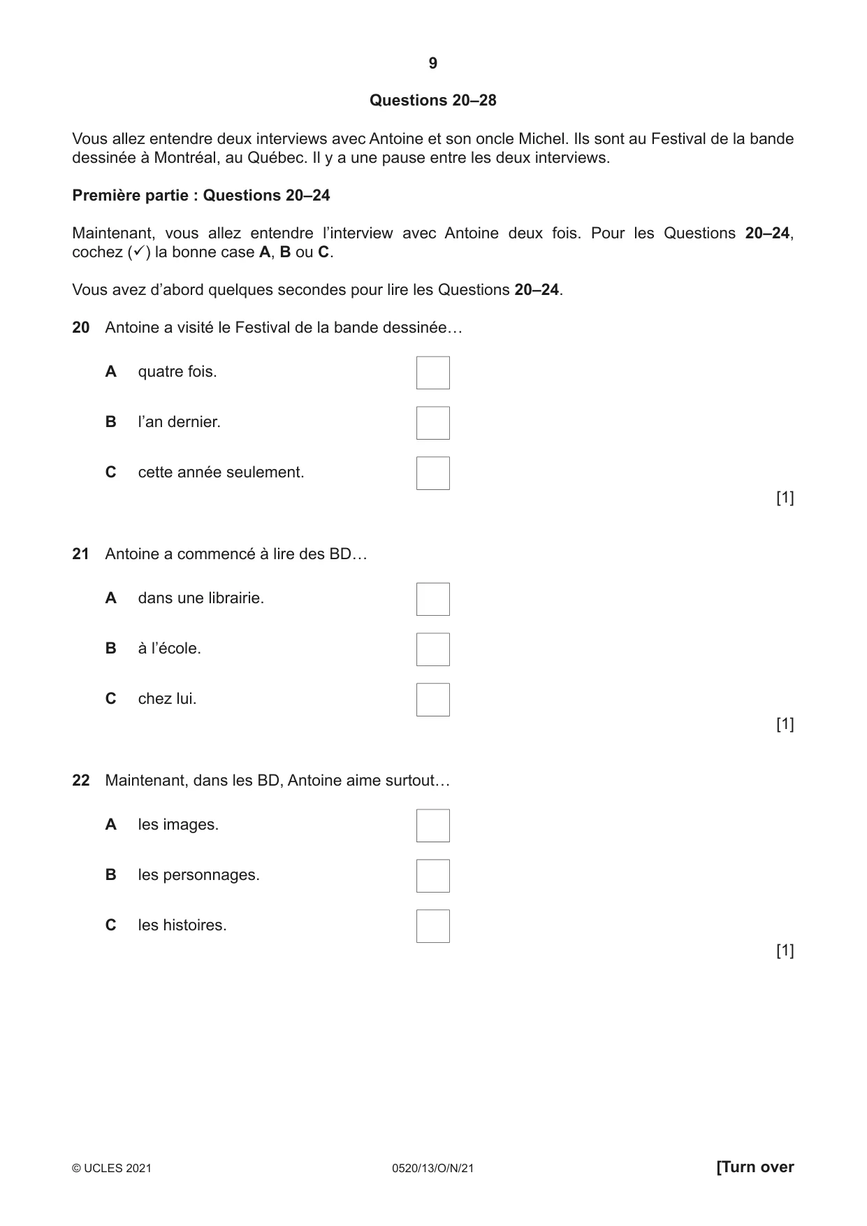 Cambridge IGCSE French - Foreign Language 0520 2021 Oct/Nov Paper 1 · Variant 3 question paper, page 9 of 16