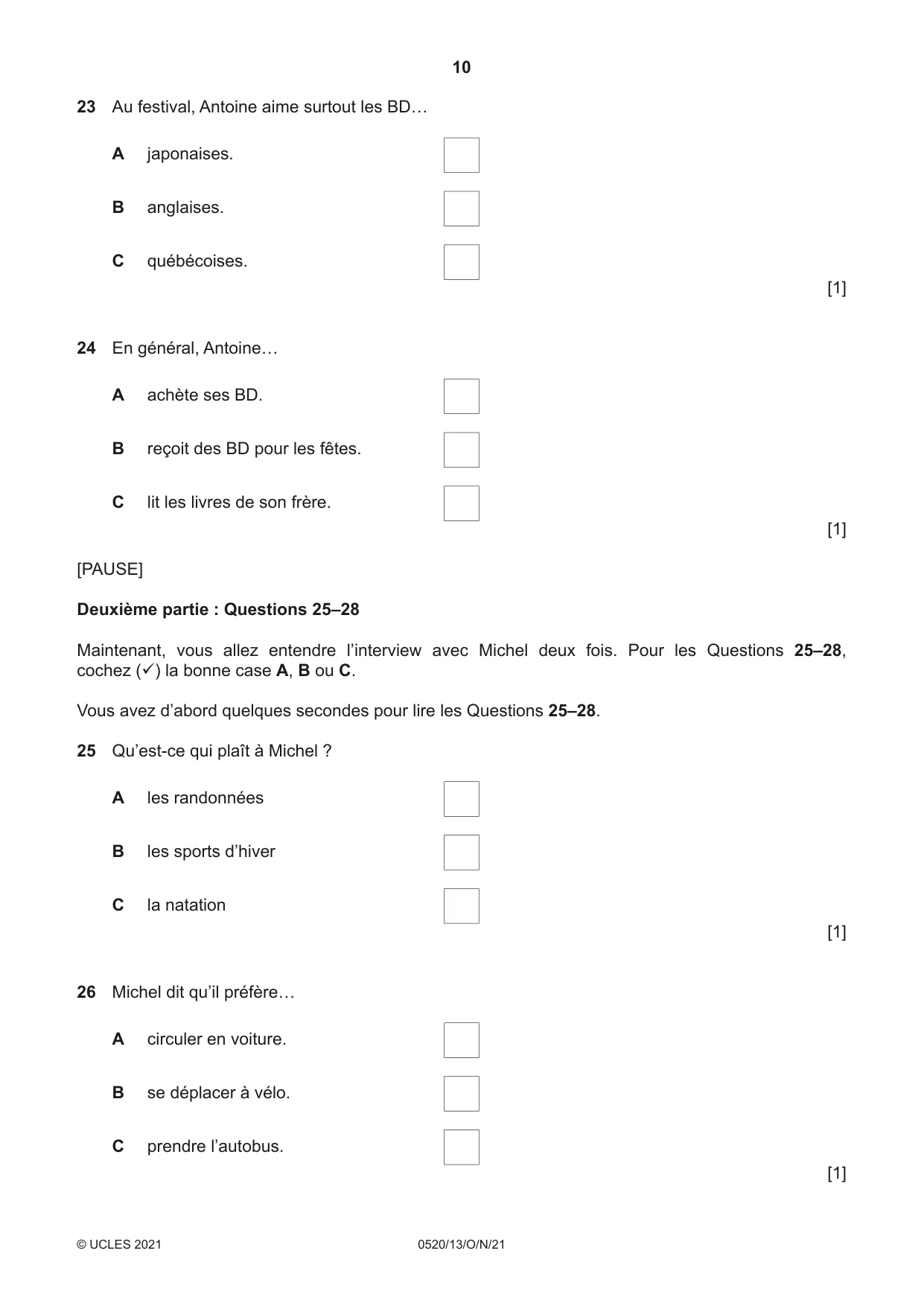 Cambridge IGCSE French - Foreign Language 0520 2021 Oct/Nov Paper 1 · Variant 3 question paper, page 10 of 16