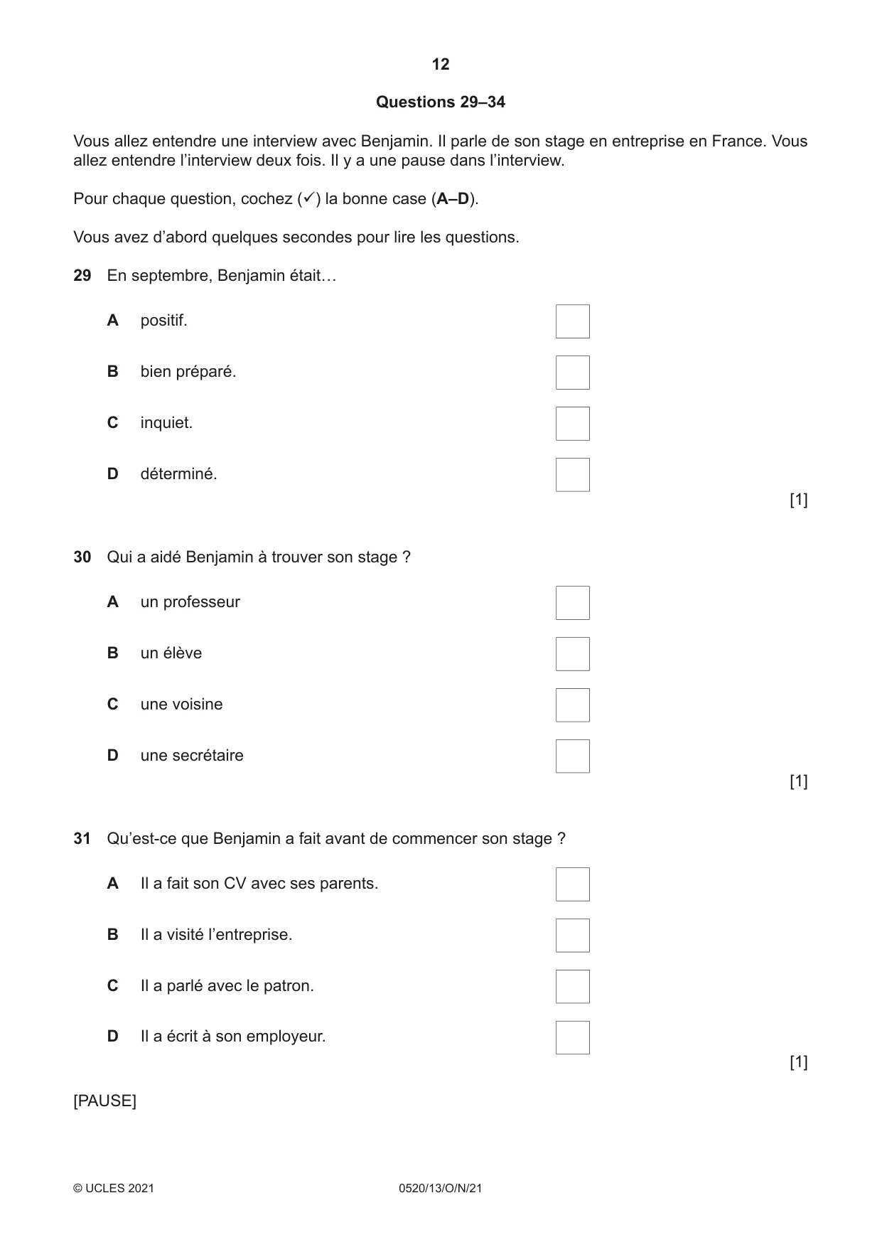 Cambridge IGCSE French - Foreign Language 0520 2021 Oct/Nov Paper 1 · Variant 3 question paper, page 12 of 16