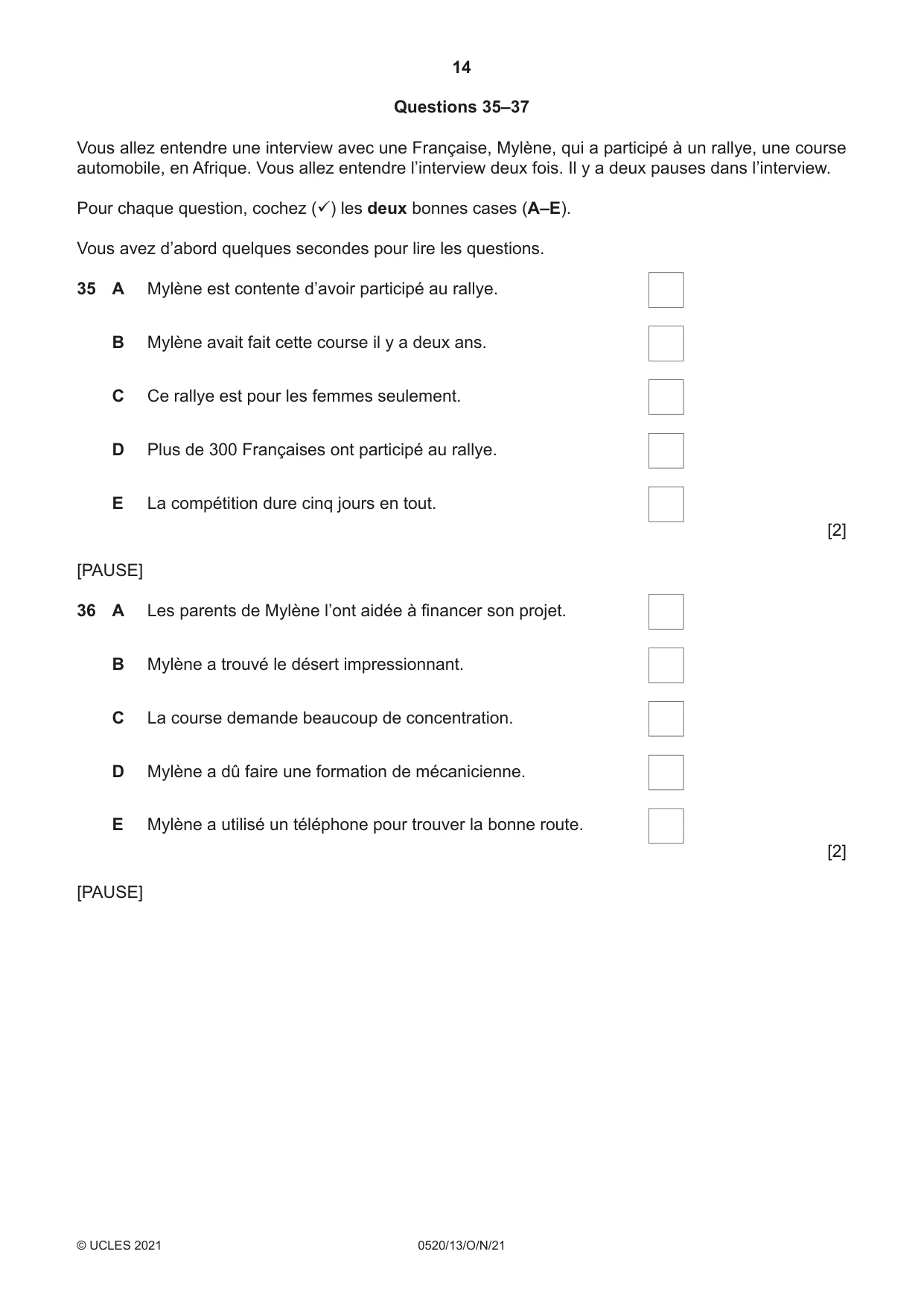 Cambridge IGCSE French - Foreign Language 0520 2021 Oct/Nov Paper 1 · Variant 3 question paper, page 14 of 16