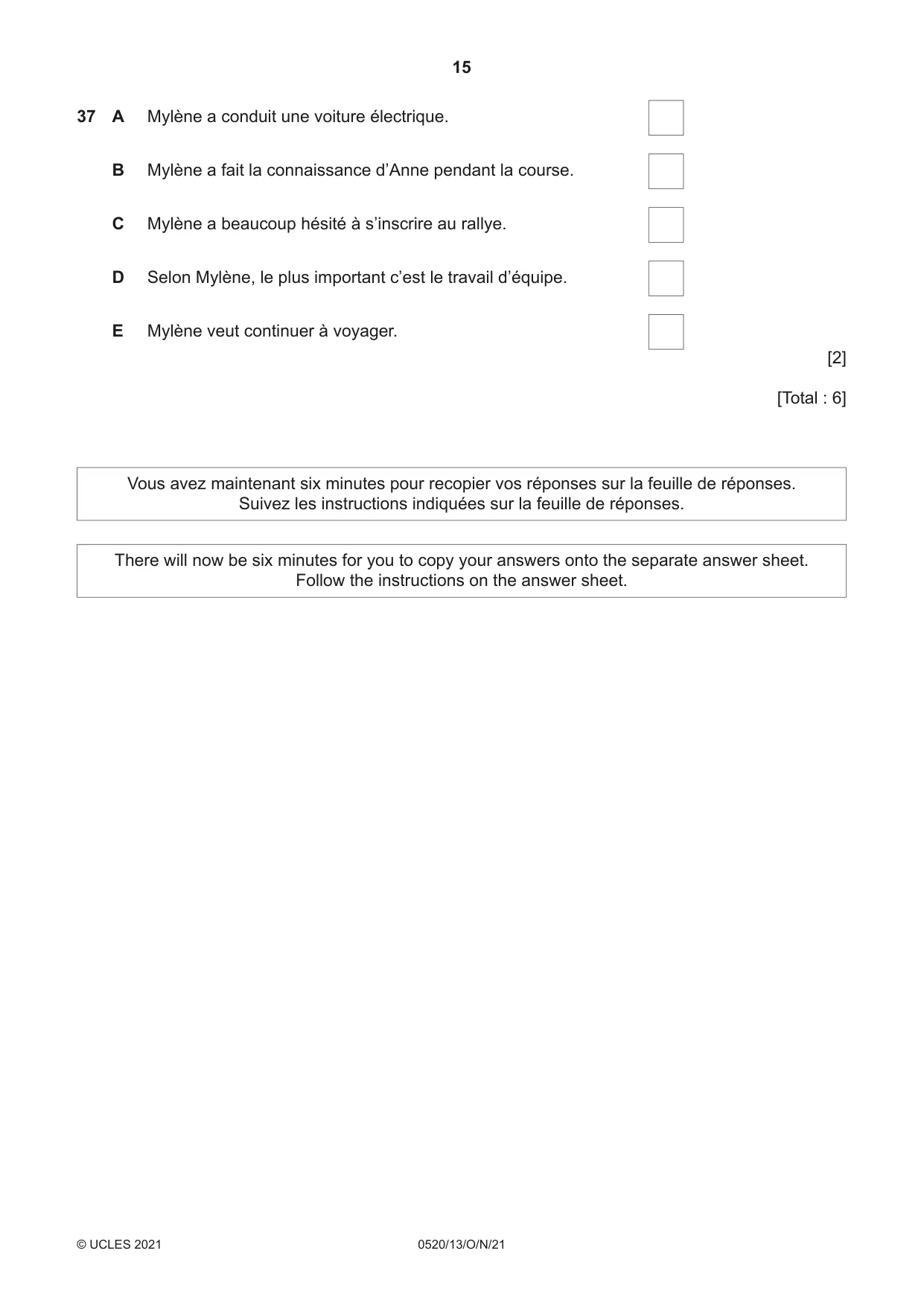 Cambridge IGCSE French - Foreign Language 0520 2021 Oct/Nov Paper 1 · Variant 3 question paper, page 15 of 16