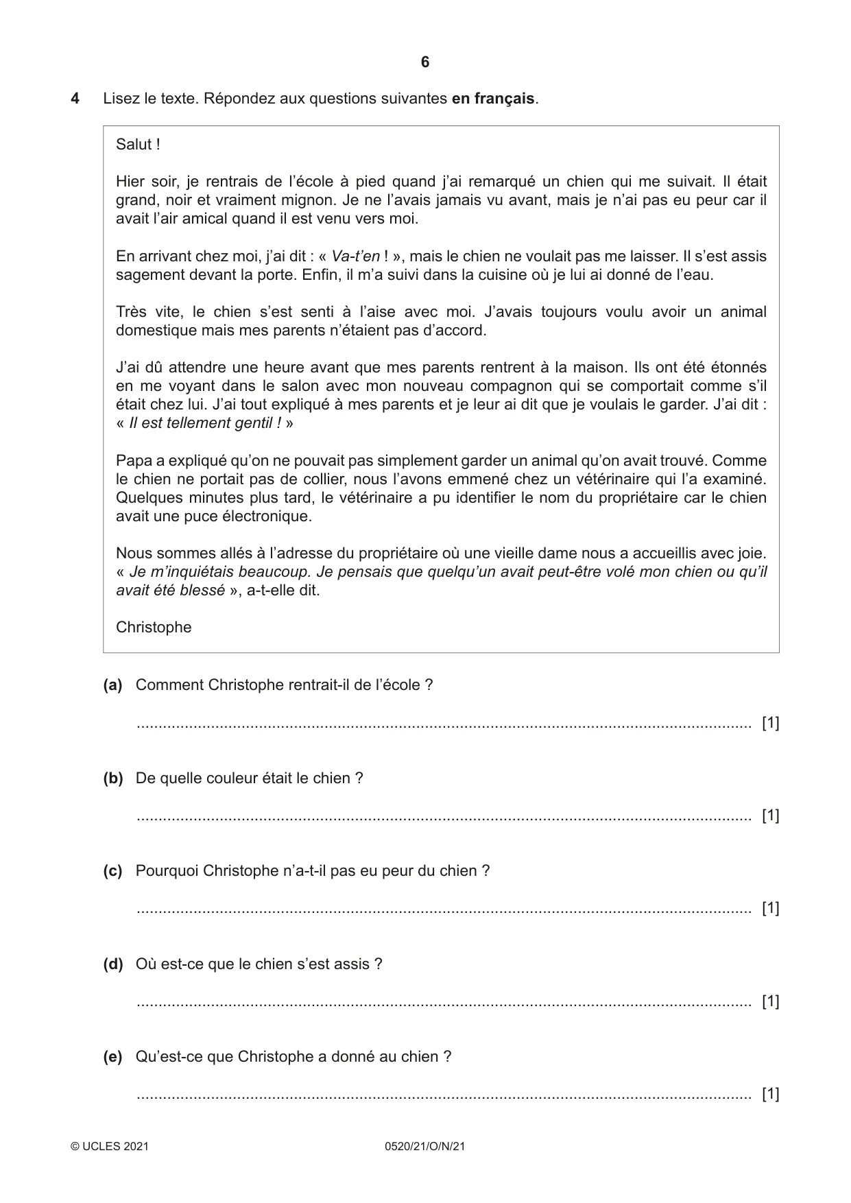 Cambridge IGCSE French - Foreign Language 0520 2021 Oct/Nov Paper 2 · Variant 1 question paper, page 6 of 12
