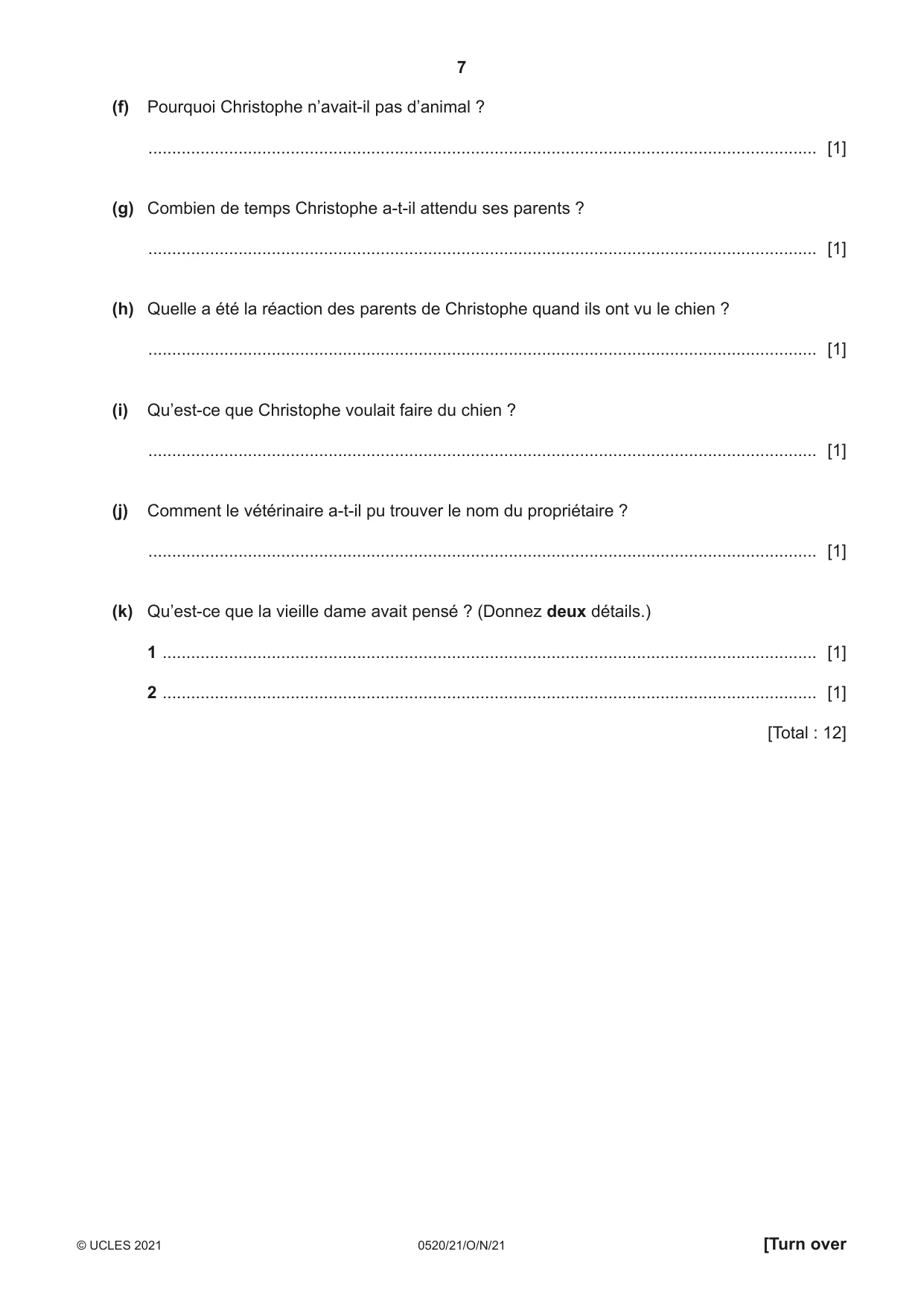 Cambridge IGCSE French - Foreign Language 0520 2021 Oct/Nov Paper 2 · Variant 1 question paper, page 7 of 12