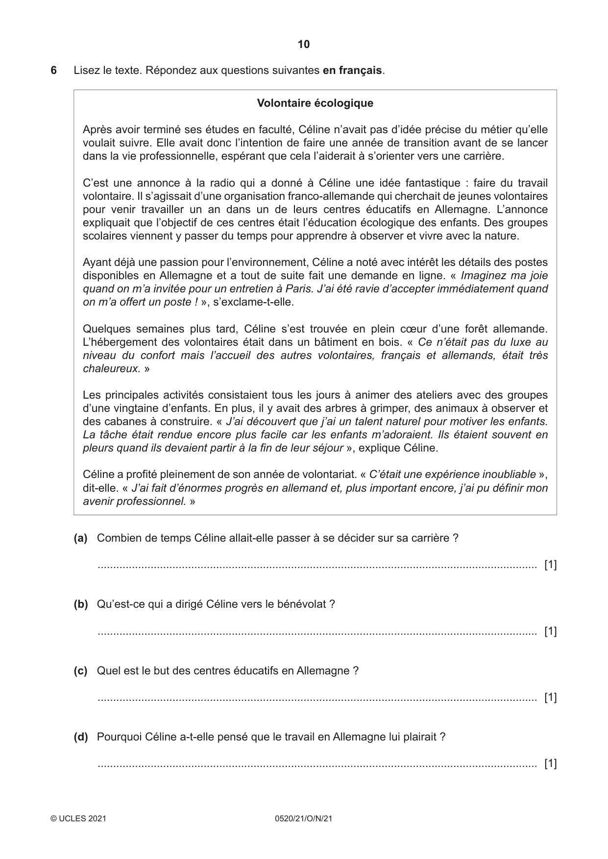 Cambridge IGCSE French - Foreign Language 0520 2021 Oct/Nov Paper 2 · Variant 1 question paper, page 10 of 12
