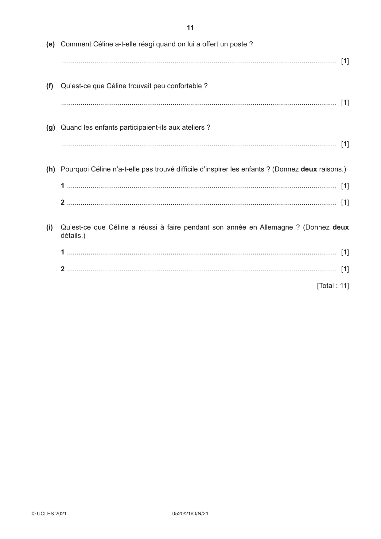 Cambridge IGCSE French - Foreign Language 0520 2021 Oct/Nov Paper 2 · Variant 1 question paper, page 11 of 12