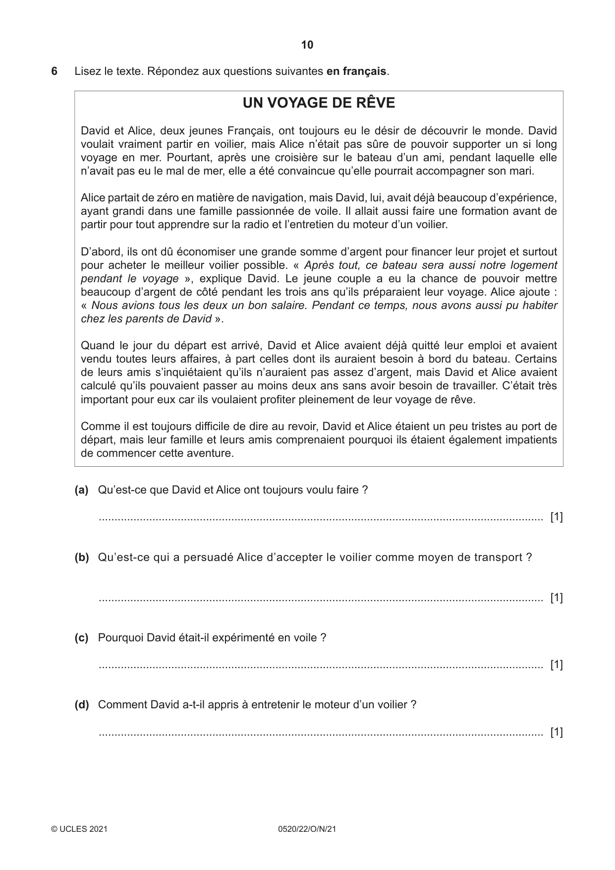 Cambridge IGCSE French - Foreign Language 0520 2021 Oct/Nov Paper 2 · Variant 2 question paper, page 10 of 12