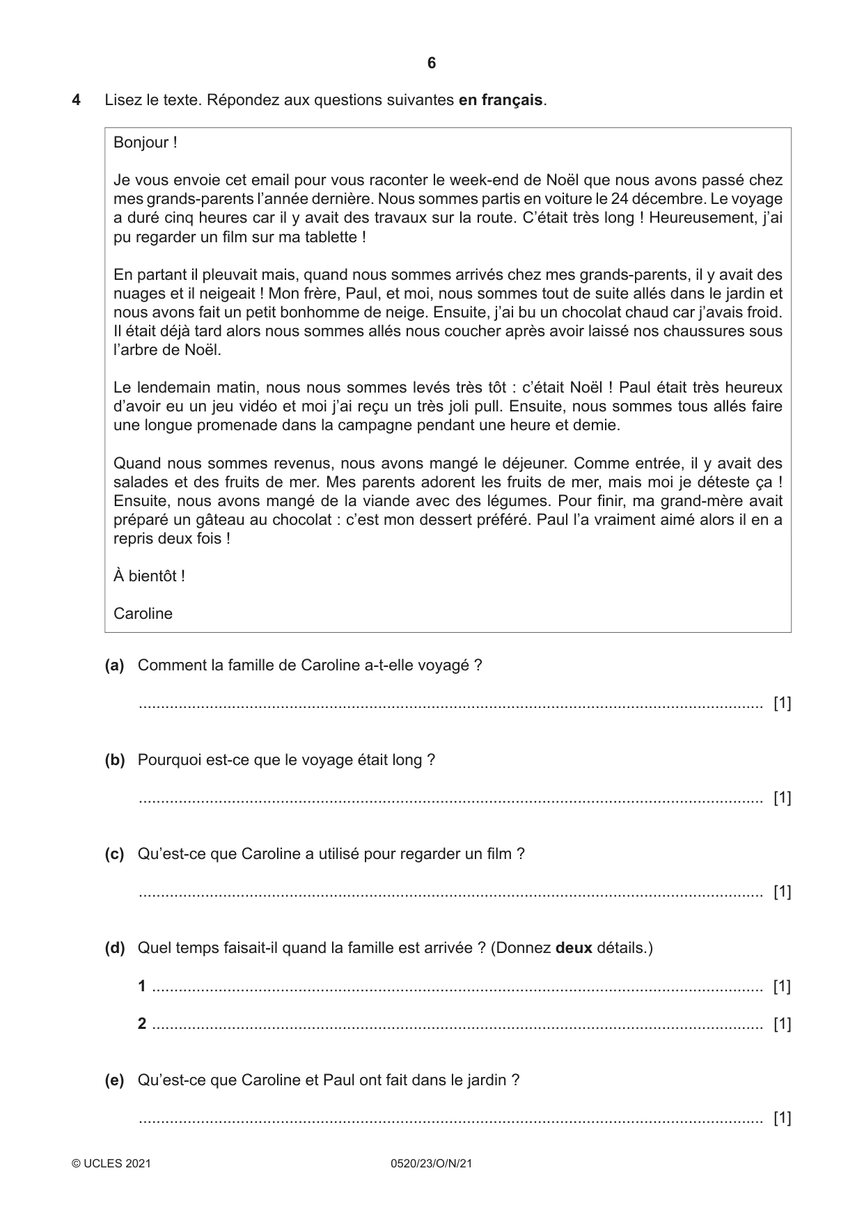 Cambridge IGCSE French - Foreign Language 0520 2021 Oct/Nov Paper 2 · Variant 3 question paper, page 6 of 12