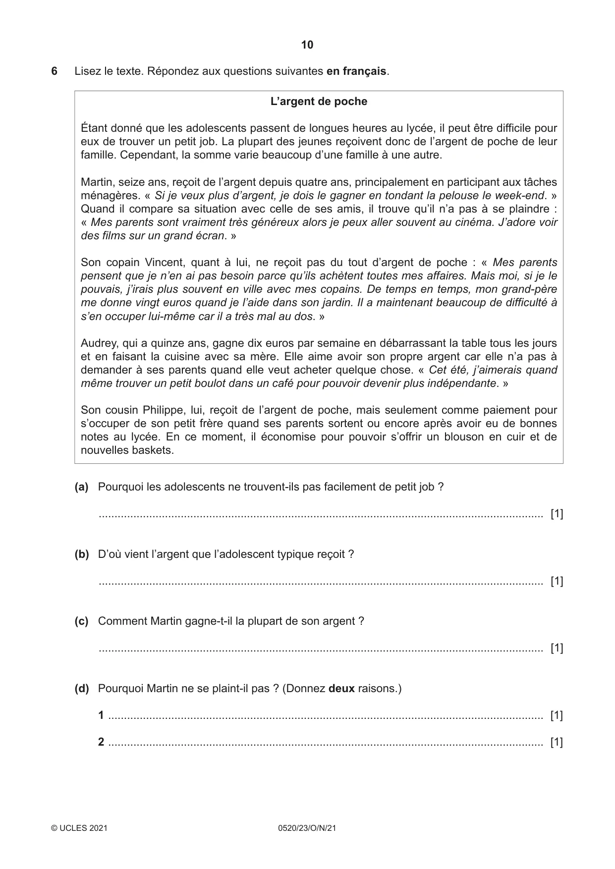 Cambridge IGCSE French - Foreign Language 0520 2021 Oct/Nov Paper 2 · Variant 3 question paper, page 10 of 12