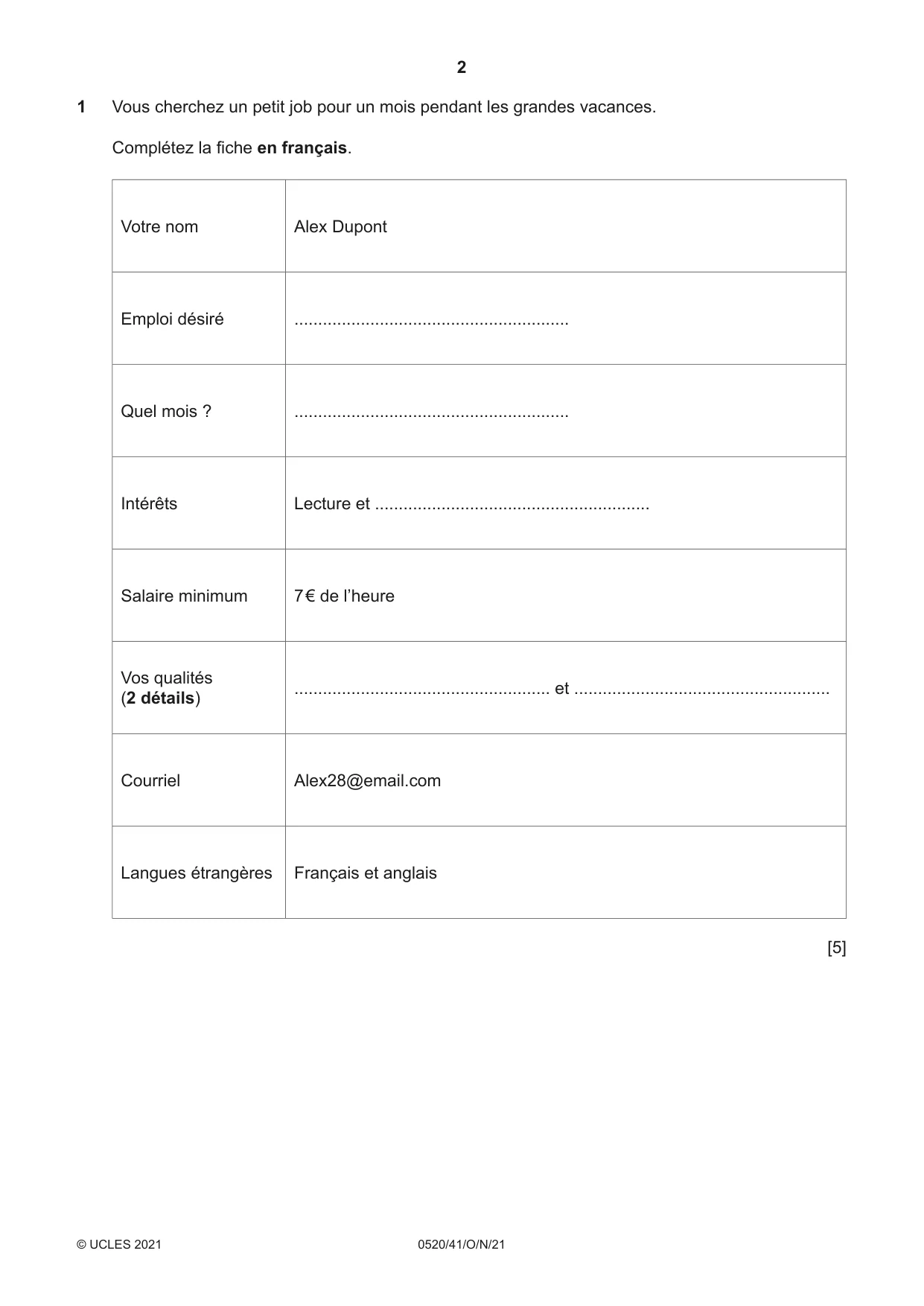 Cambridge IGCSE French - Foreign Language 0520 2021 Oct/Nov Paper 4 · Variant 1 question paper, page 2 of 8